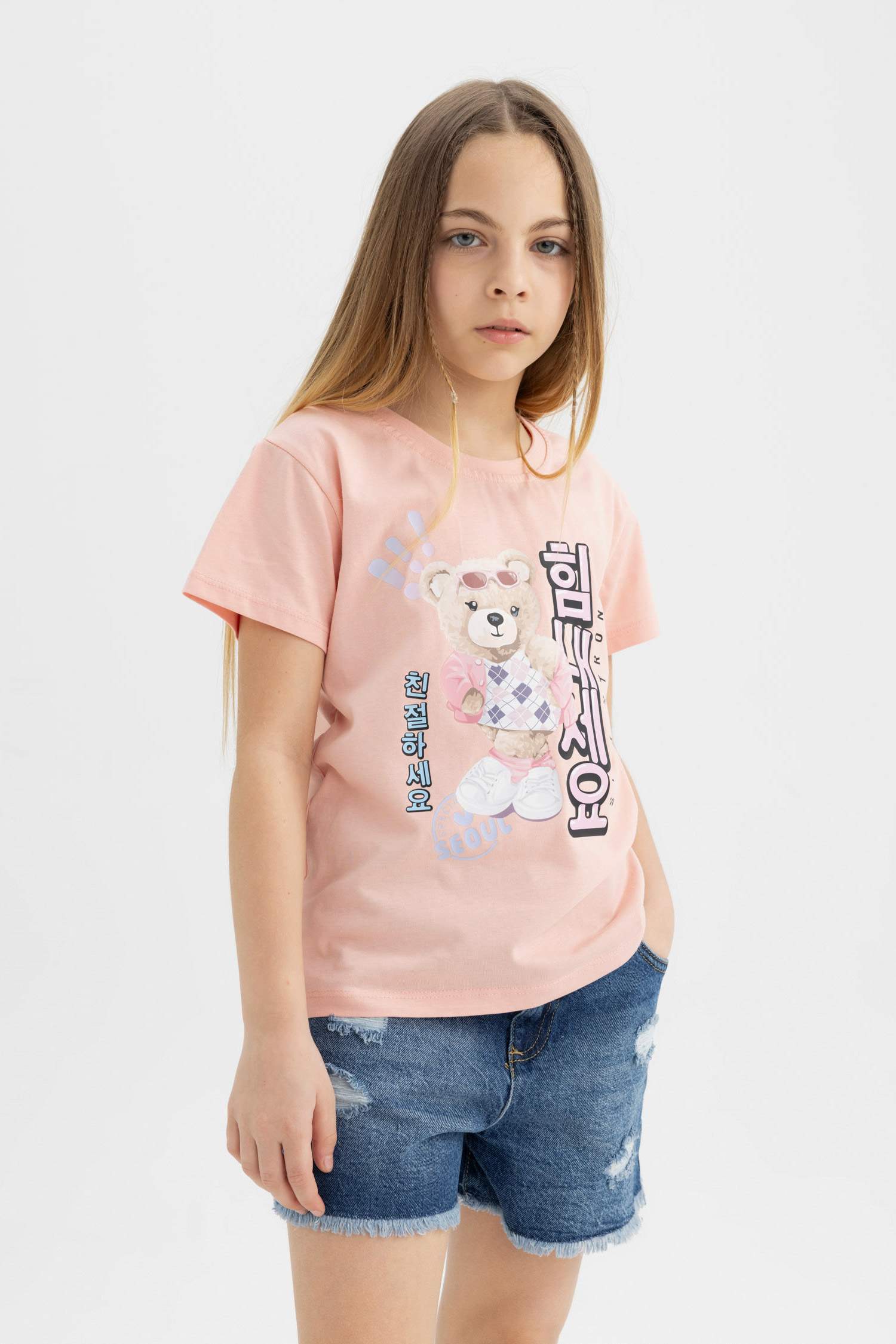 Girl Teddy Bear Printed Short Sleeve T-Shirt