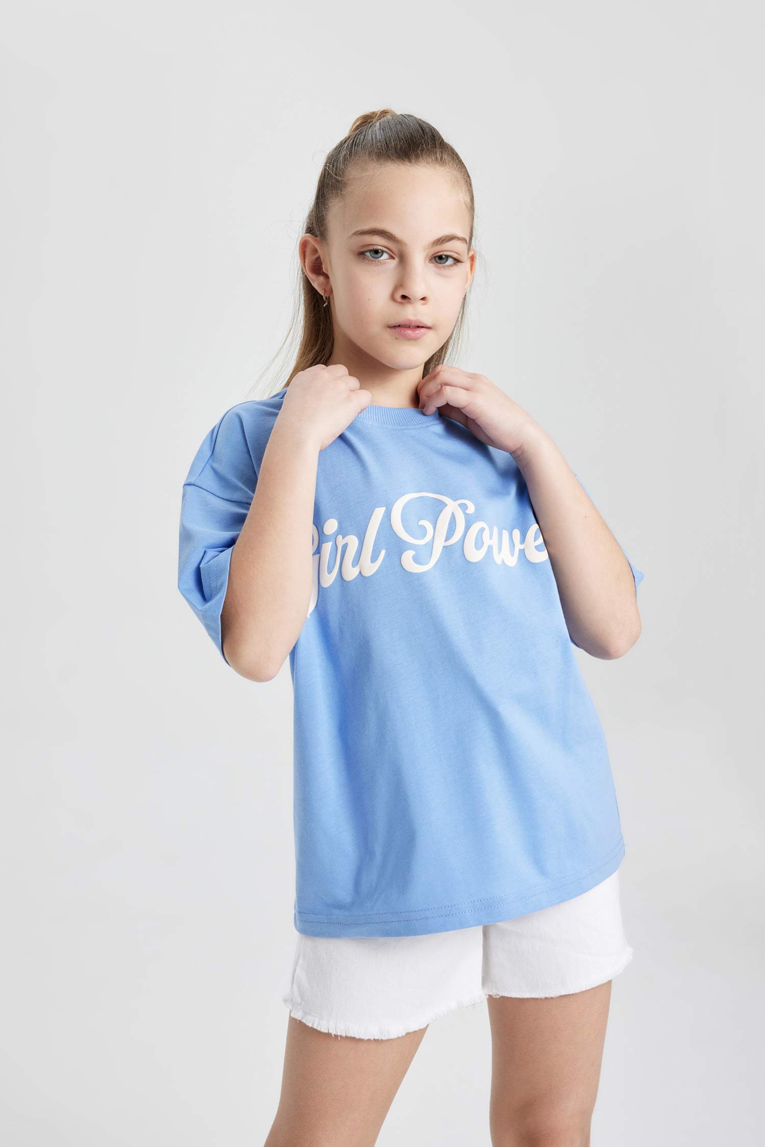 Kız Çocuk Oversize Geniş Kalıp Bisiklet Yaka Baskılı Kısa Kollu Tişört