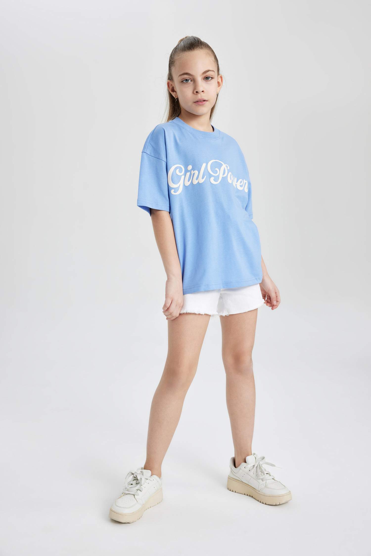 Kız Çocuk Oversize Geniş Kalıp Bisiklet Yaka Baskılı Kısa Kollu Tişört