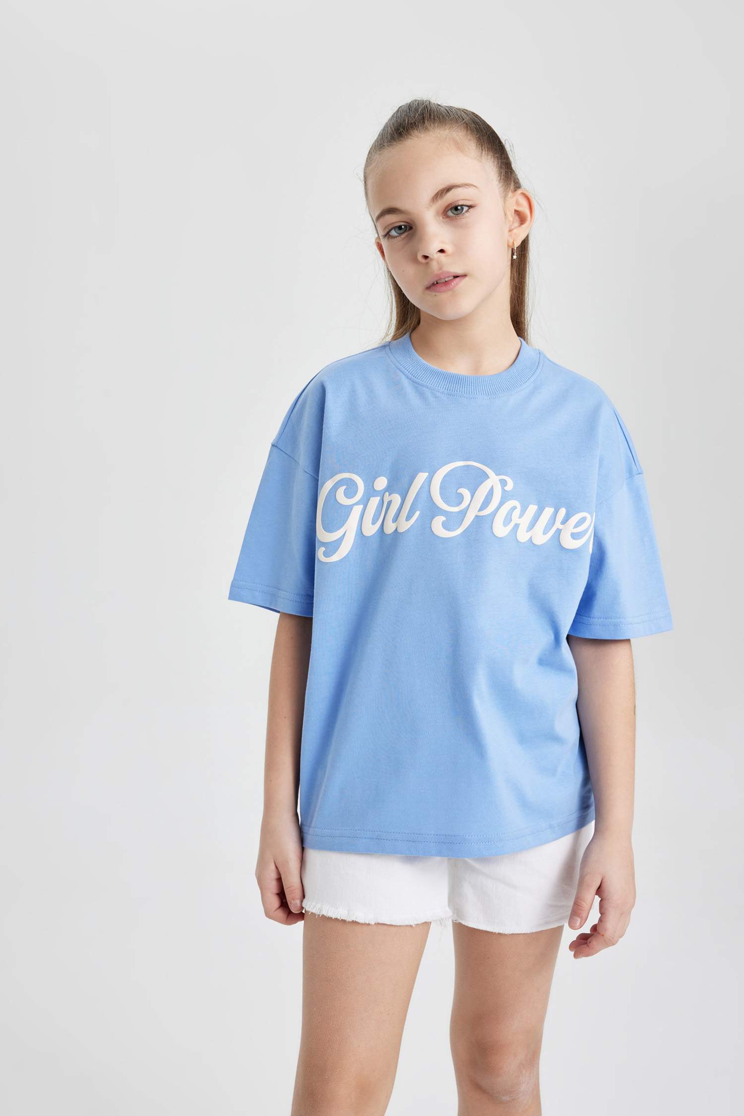 Kız Çocuk Oversize Geniş Kalıp Bisiklet Yaka Baskılı Kısa Kollu Tişört