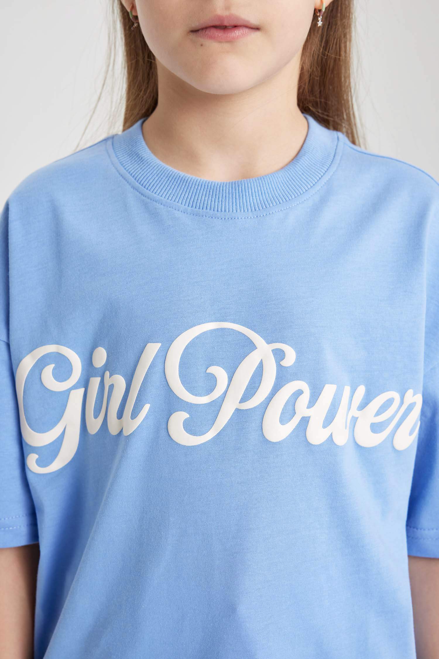 Kız Çocuk Oversize Geniş Kalıp Bisiklet Yaka Baskılı Kısa Kollu Tişört