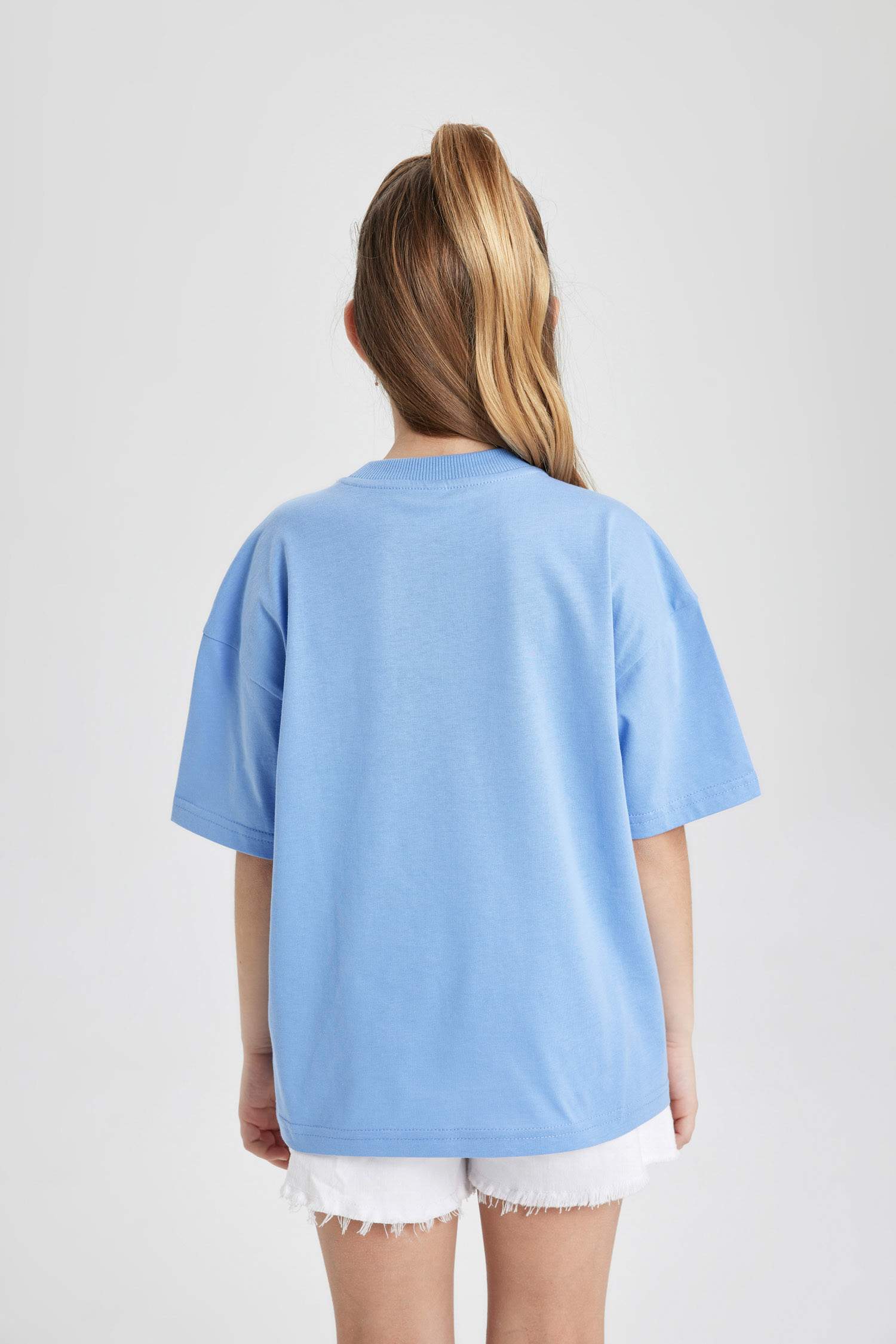 Kız Çocuk Oversize Geniş Kalıp Bisiklet Yaka Baskılı Kısa Kollu Tişört