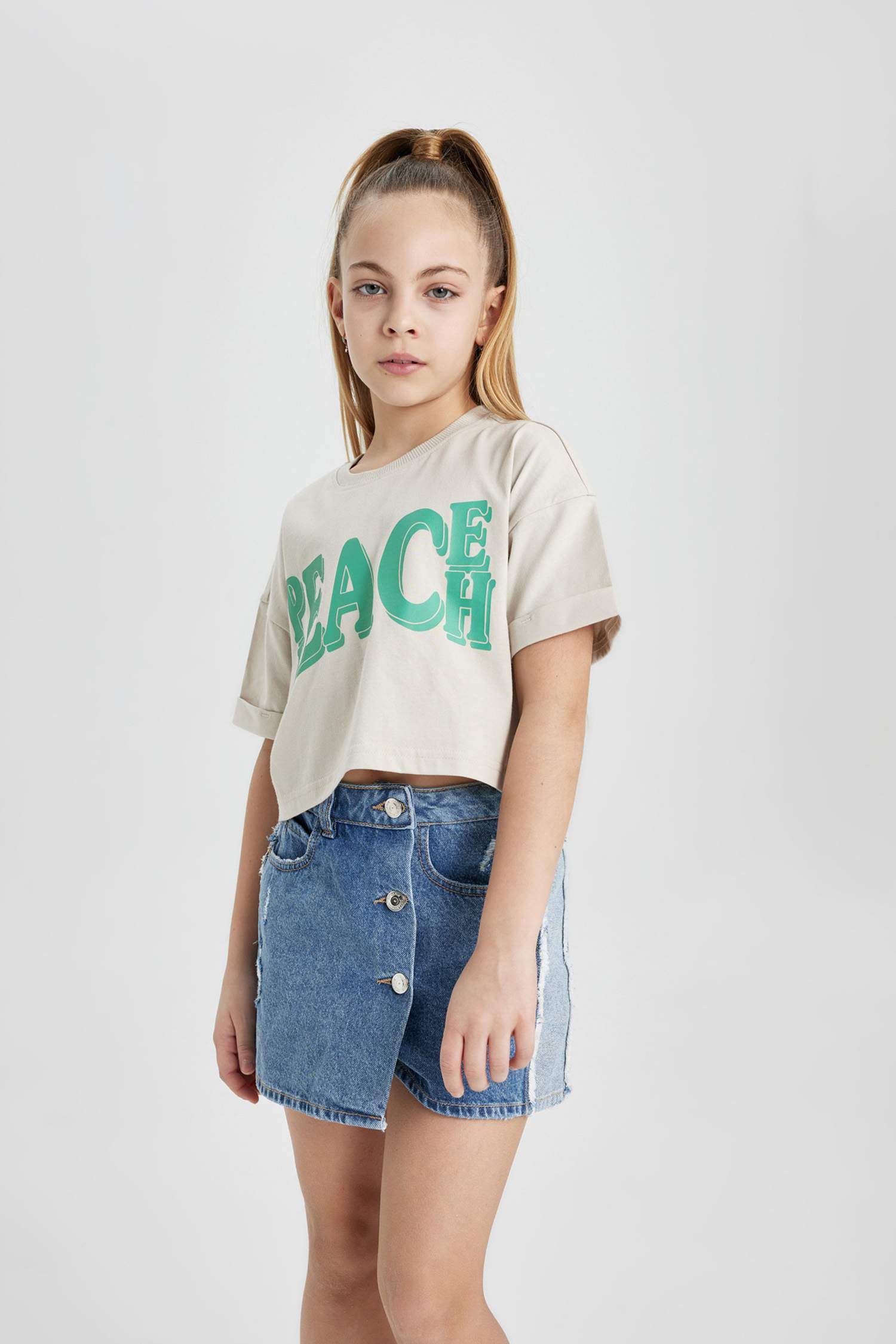 Kız Çocuk Bisiklet Yaka Baskılı Kısa Kollu Tişört