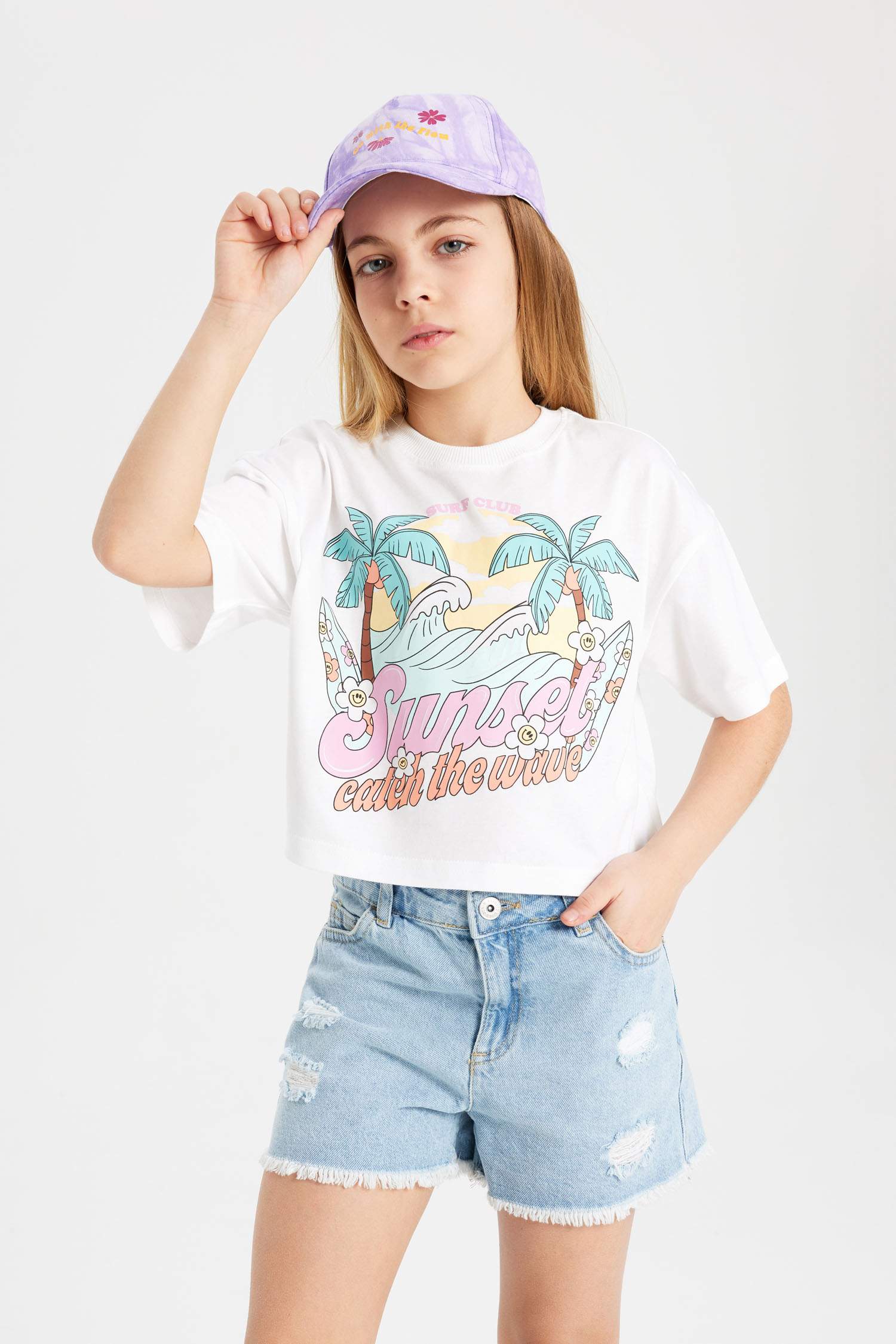 Kız Çocuk Bisiklet Yaka Baskılı Kısa Kollu Tişört