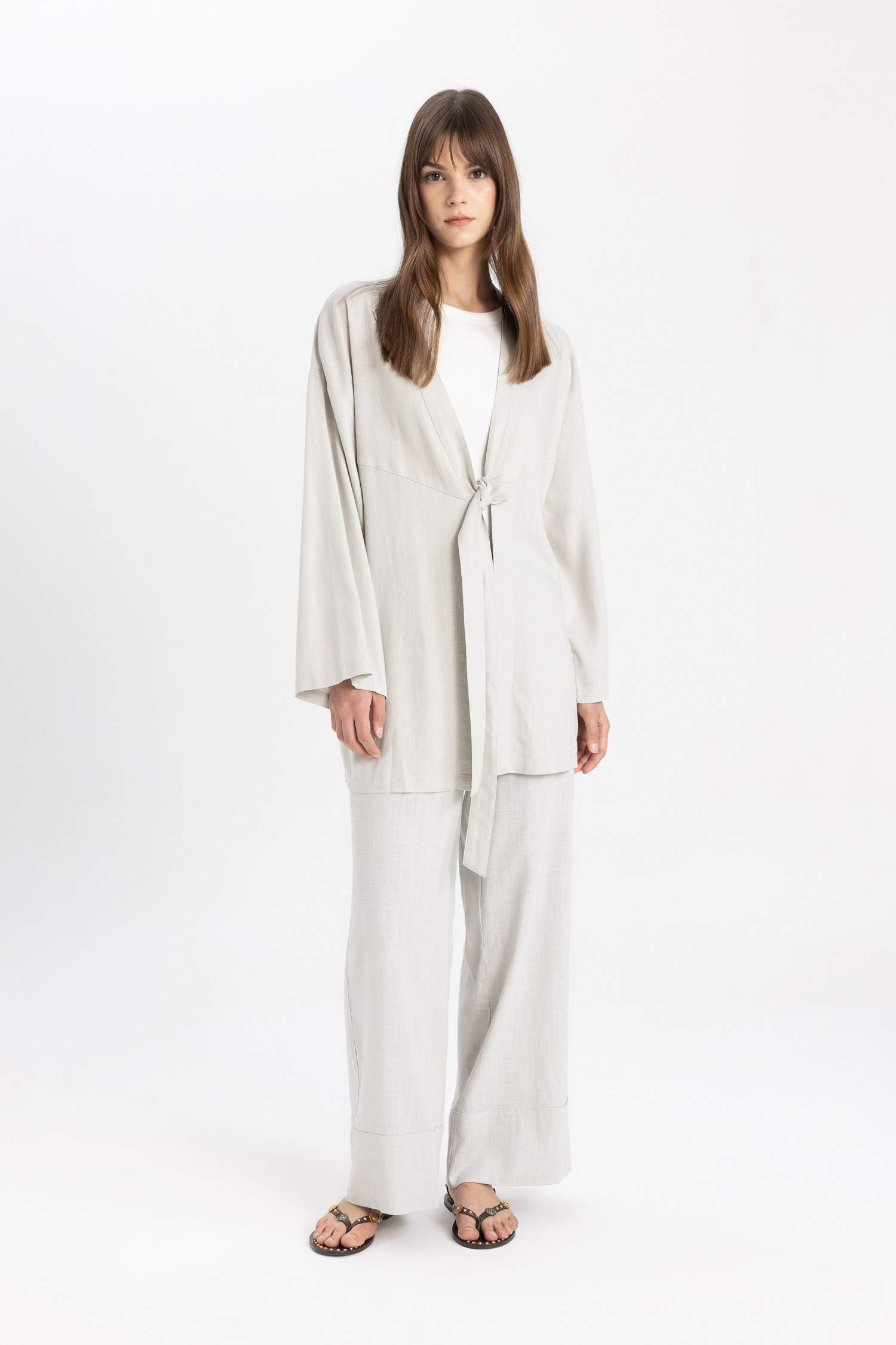 Kimono en Lin mélangé Col Châle coupe régulière