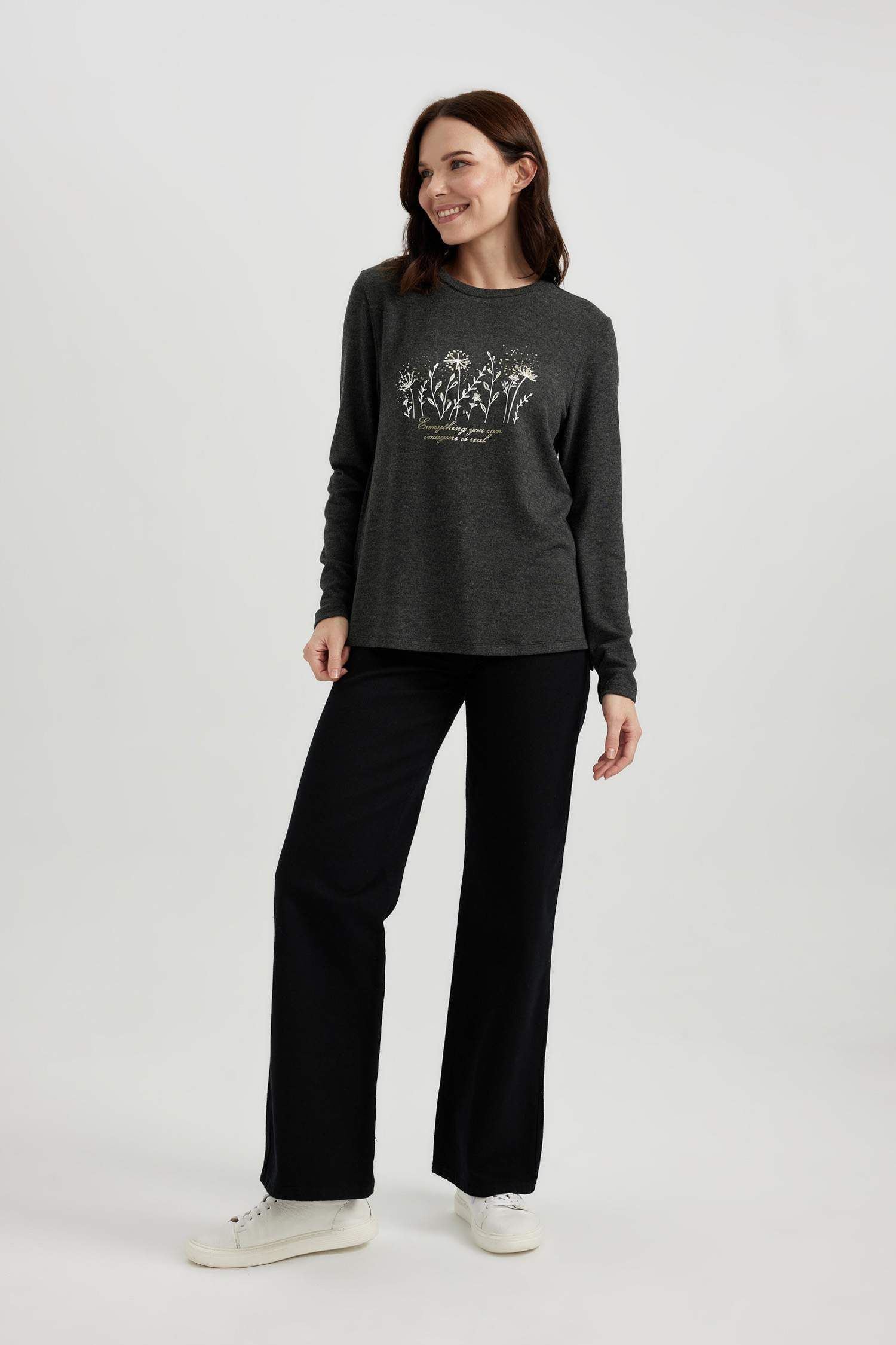 Regular Fit Crew Neck Floral Long Sleeve T-Shirt