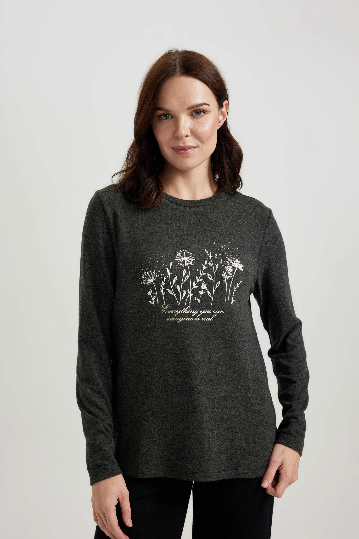 Regular Fit Crew Neck Floral Long Sleeve T-Shirt