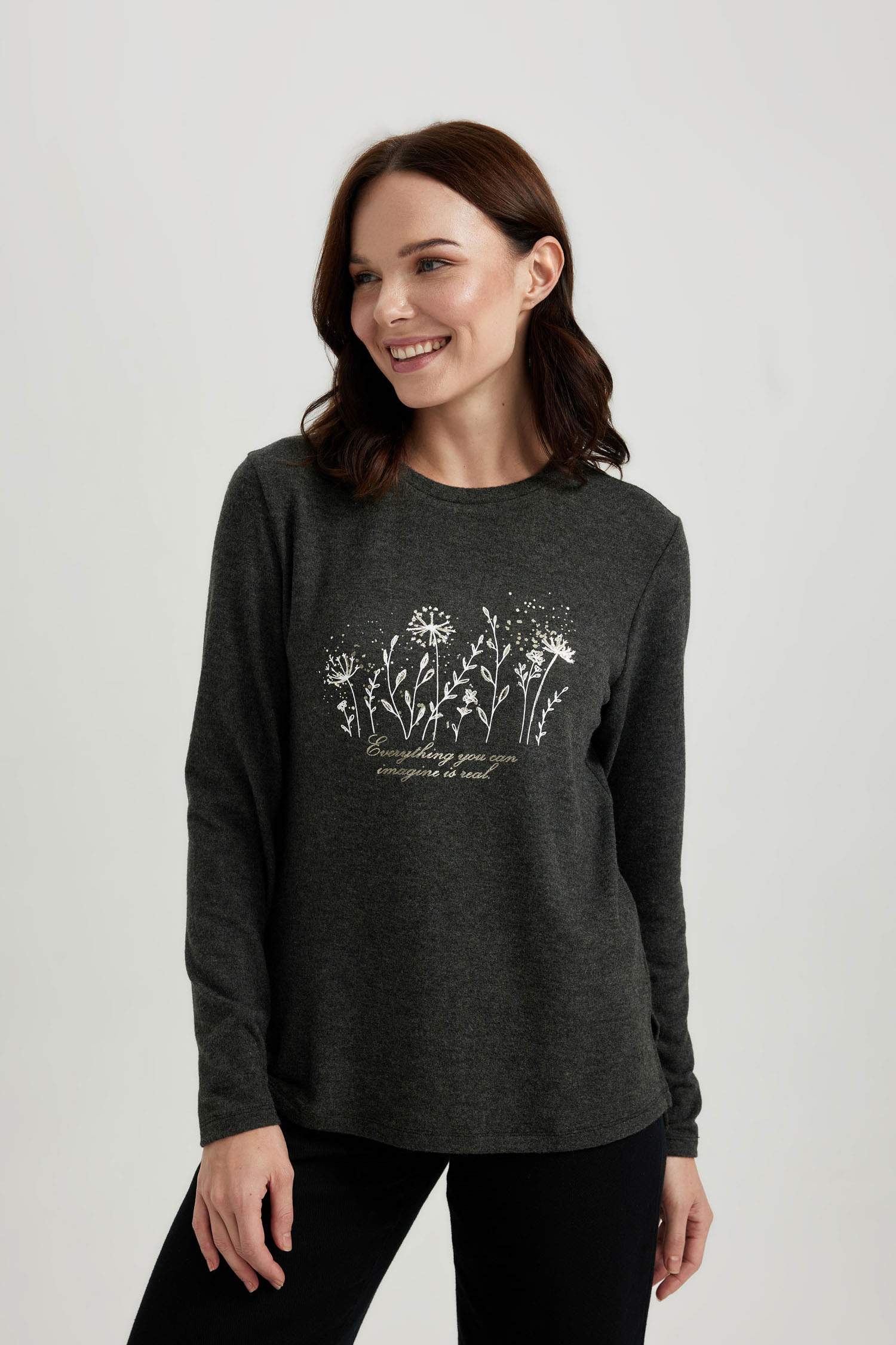 Regular Fit Crew Neck Floral Long Sleeve T-Shirt