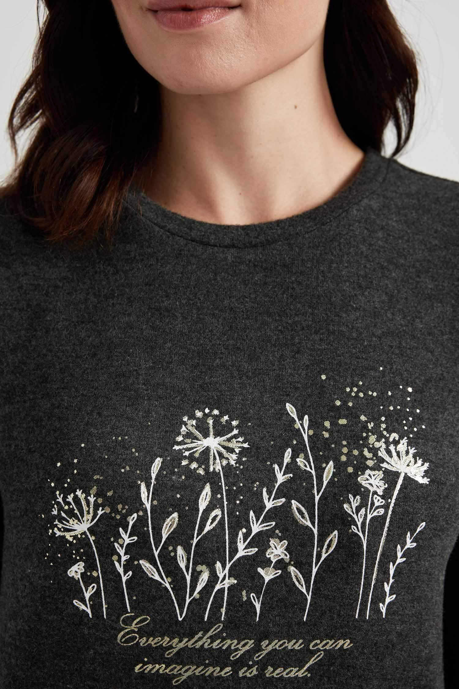 Regular Fit Crew Neck Floral Long Sleeve T-Shirt