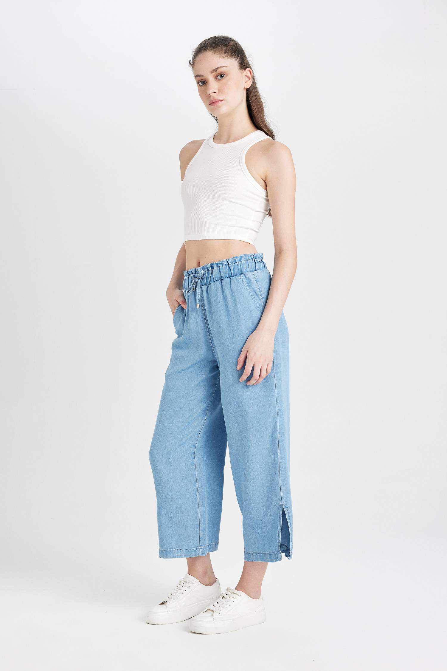 Culotte High Waist Short Wide Leg Slit Jeans