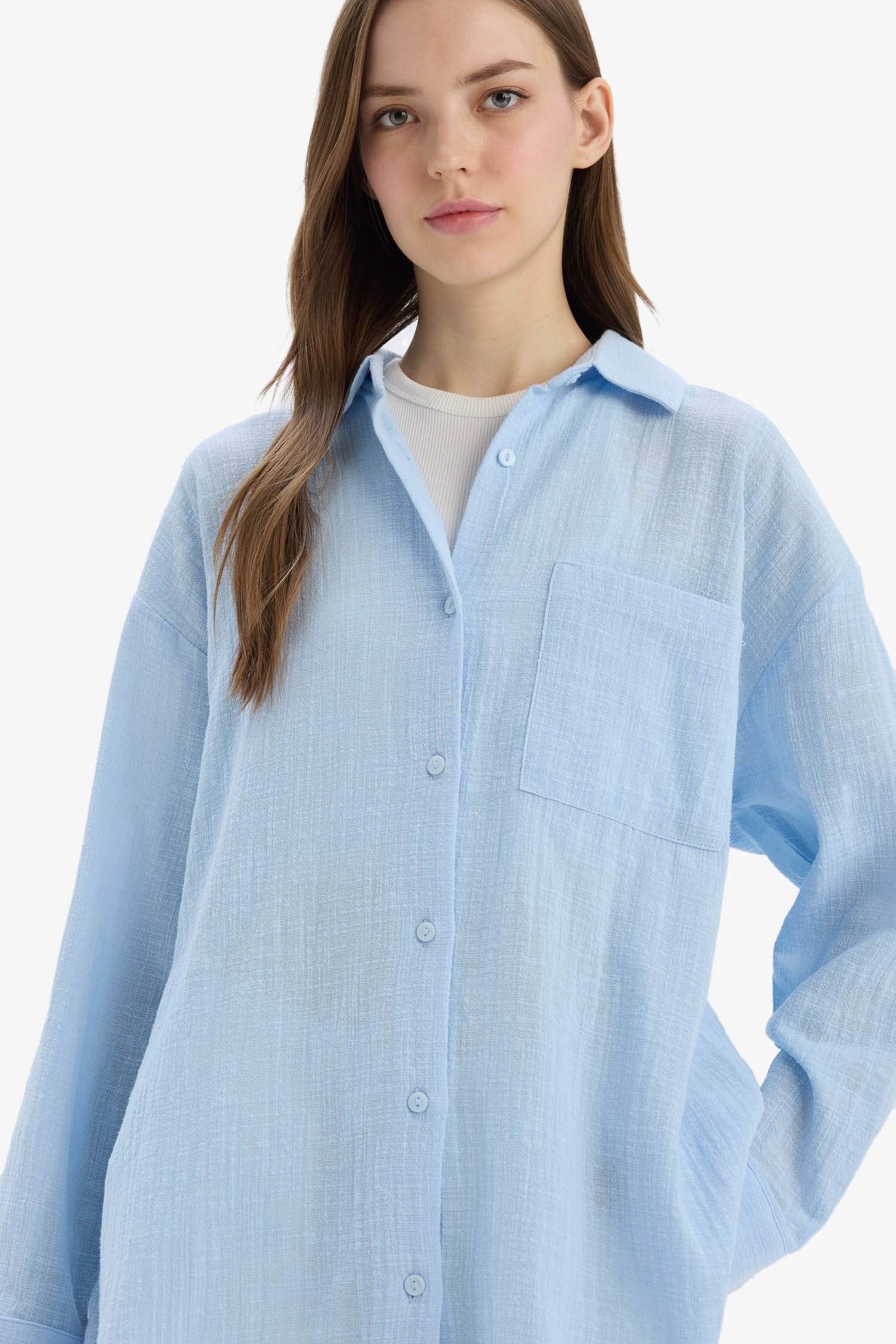 Oversize Fit Shirt Collar Linen Look Long Sleeve Shirt