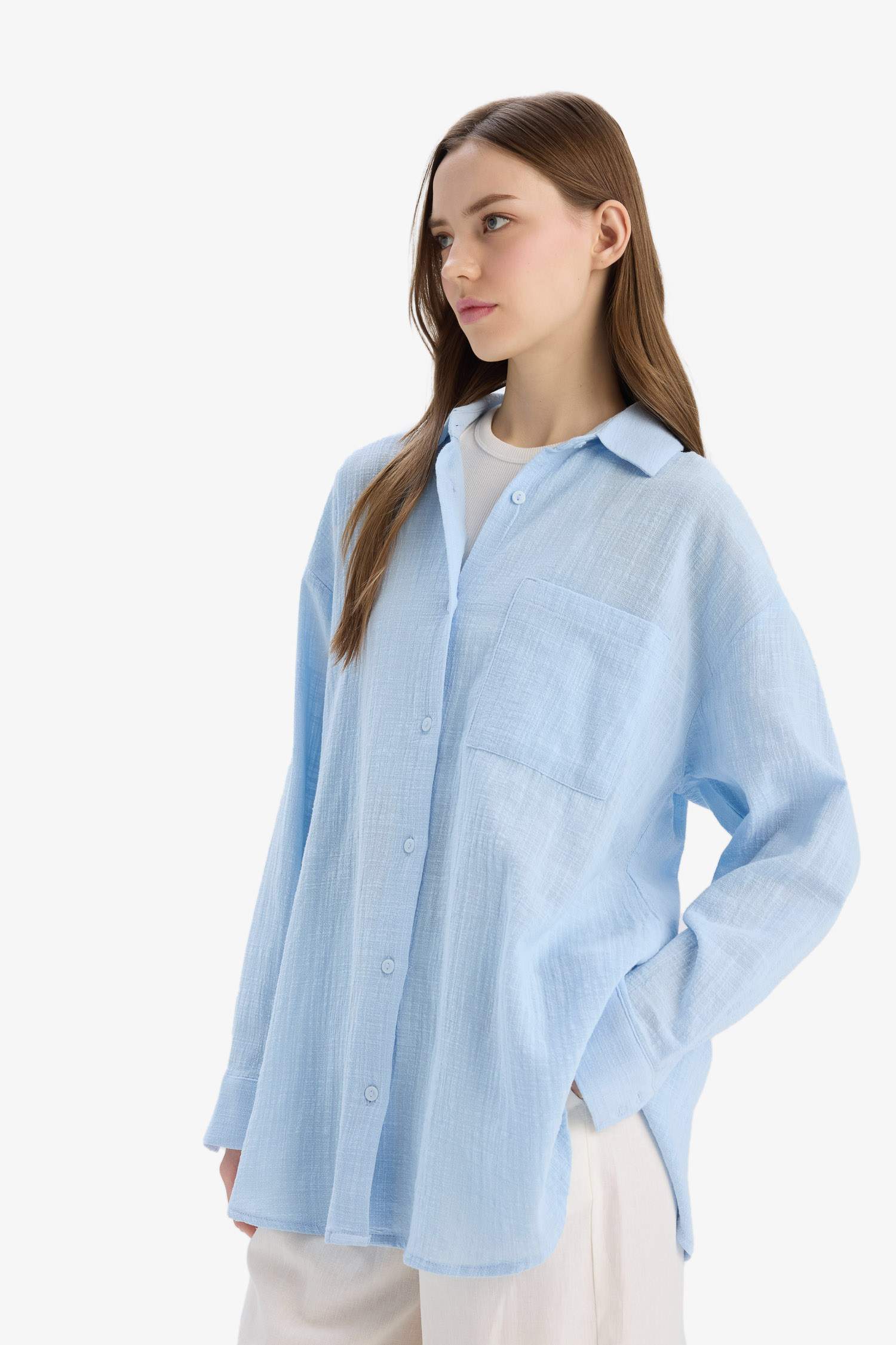 Oversize Fit Shirt Collar Linen Look Long Sleeve Shirt