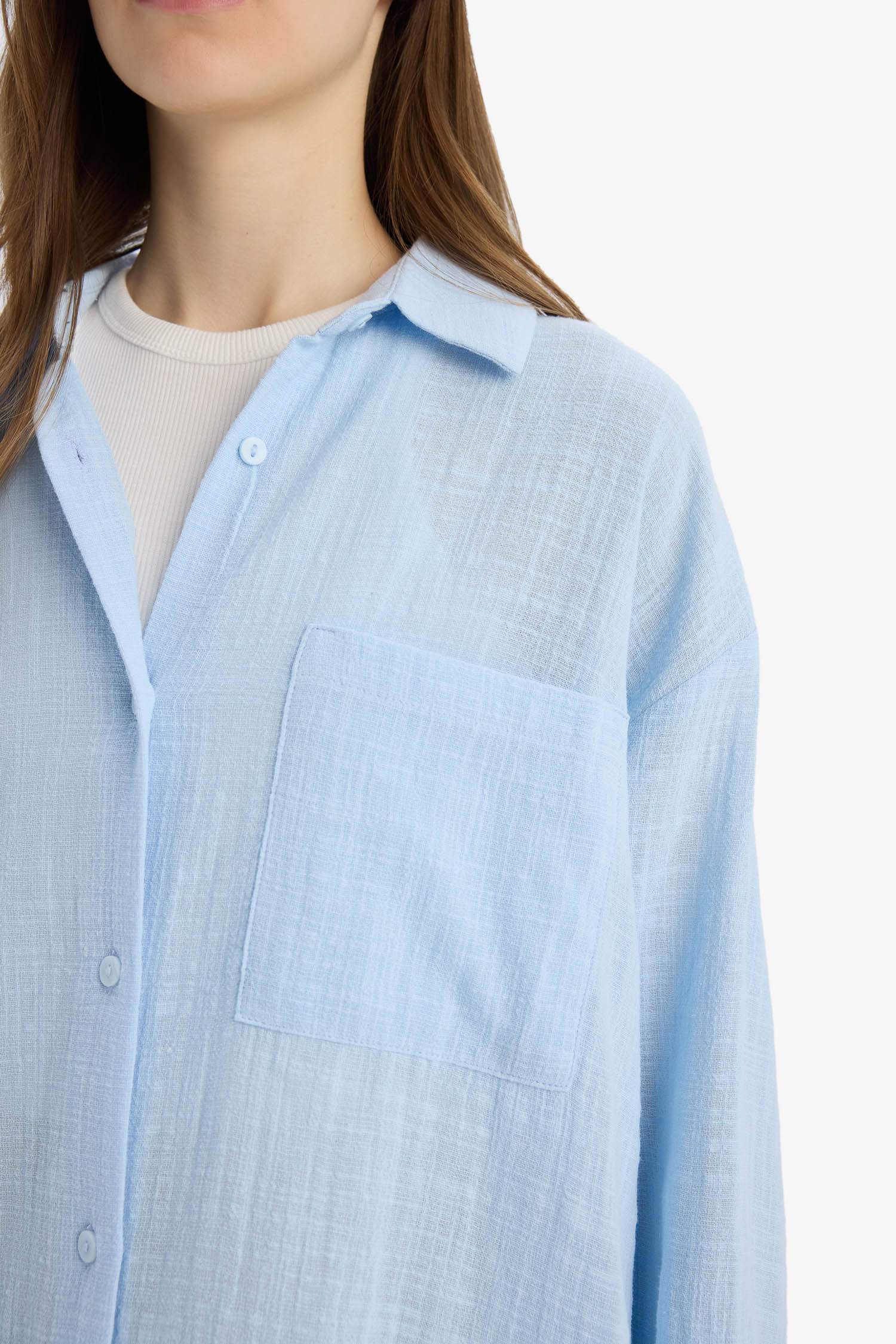 Oversize Fit Shirt Collar Linen Look Long Sleeve Shirt