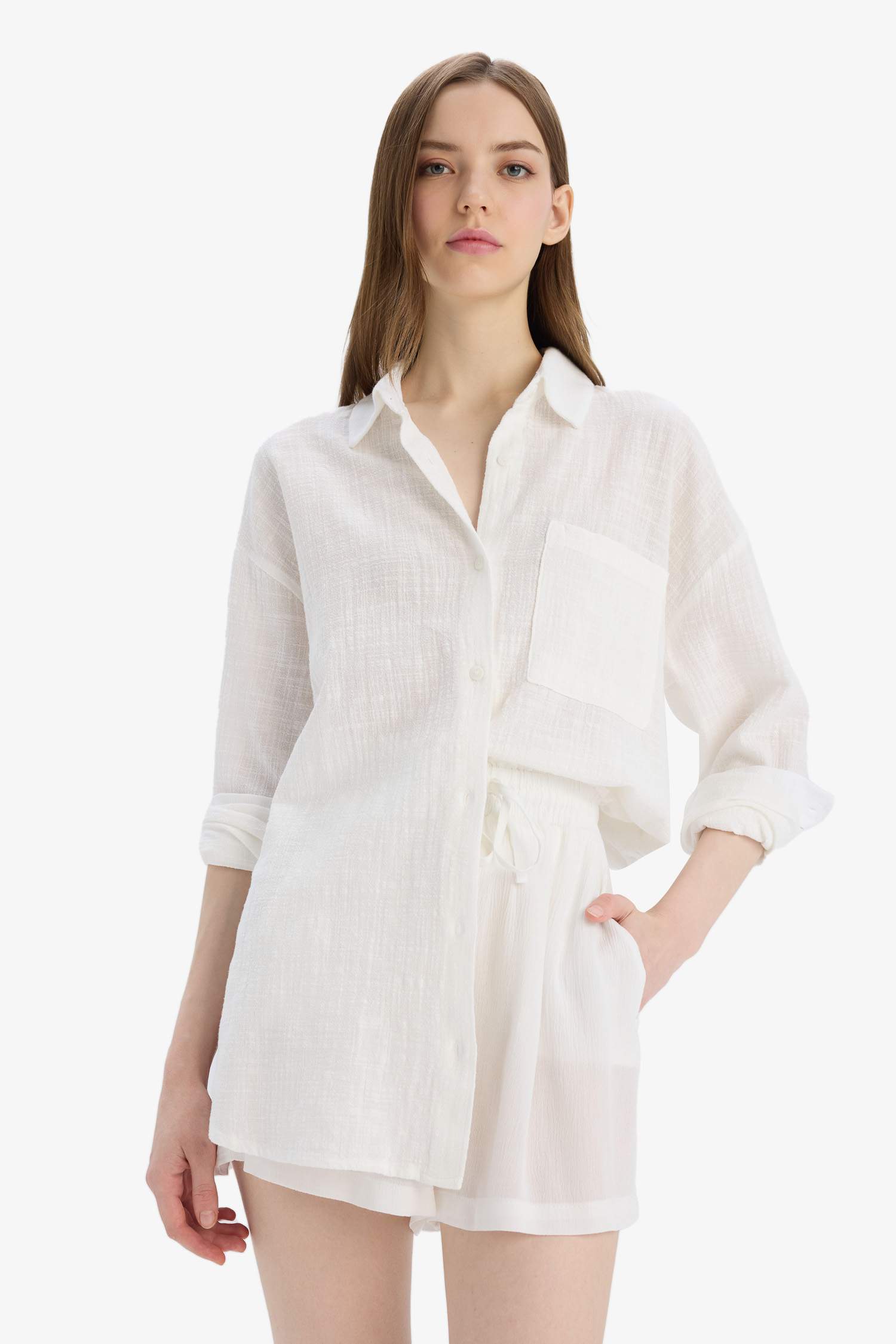 Oversize Fit Shirt Collar Linen Look Long Sleeve Shirt