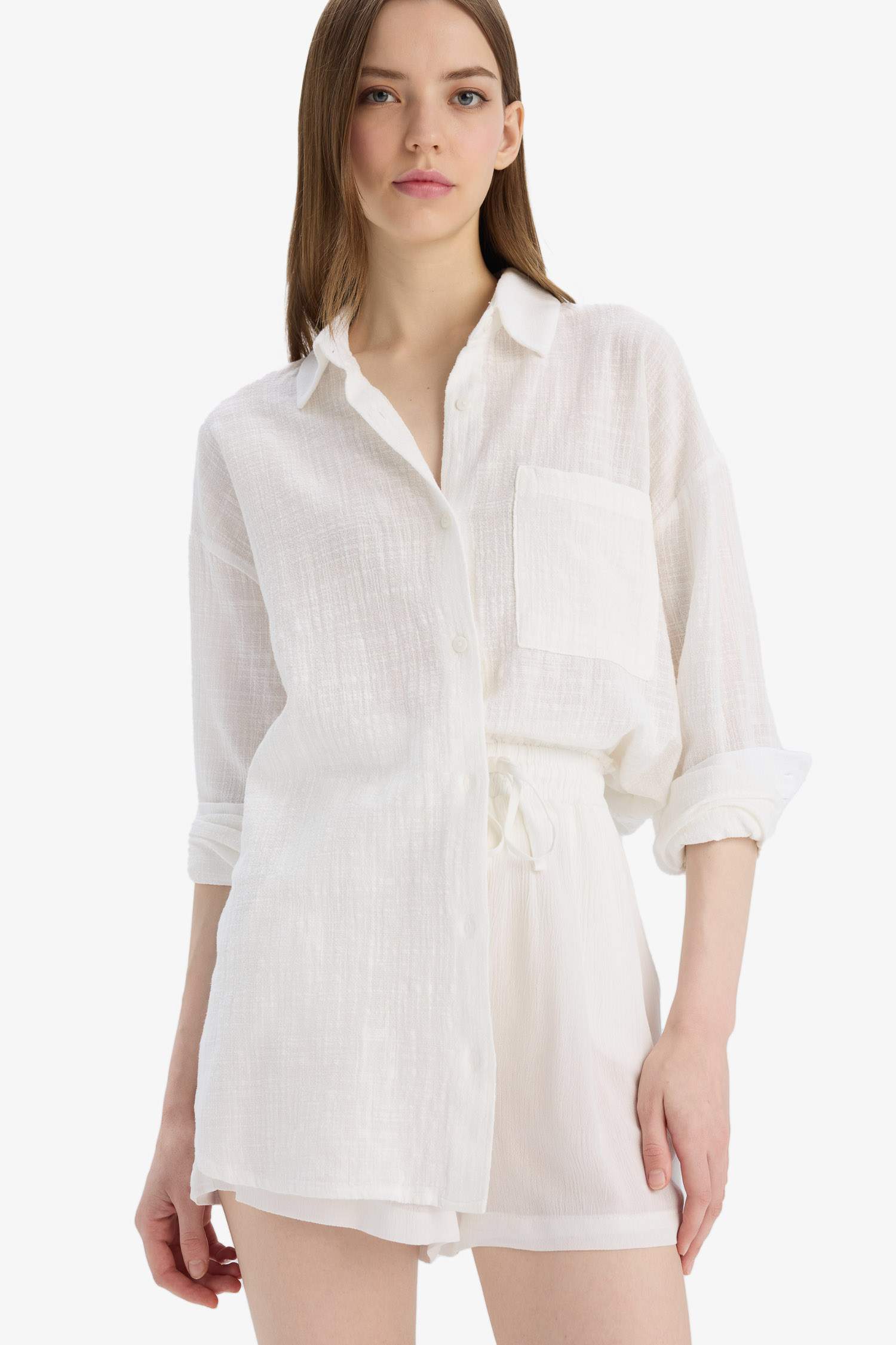 Oversize Fit Shirt Collar Linen Look Long Sleeve Shirt