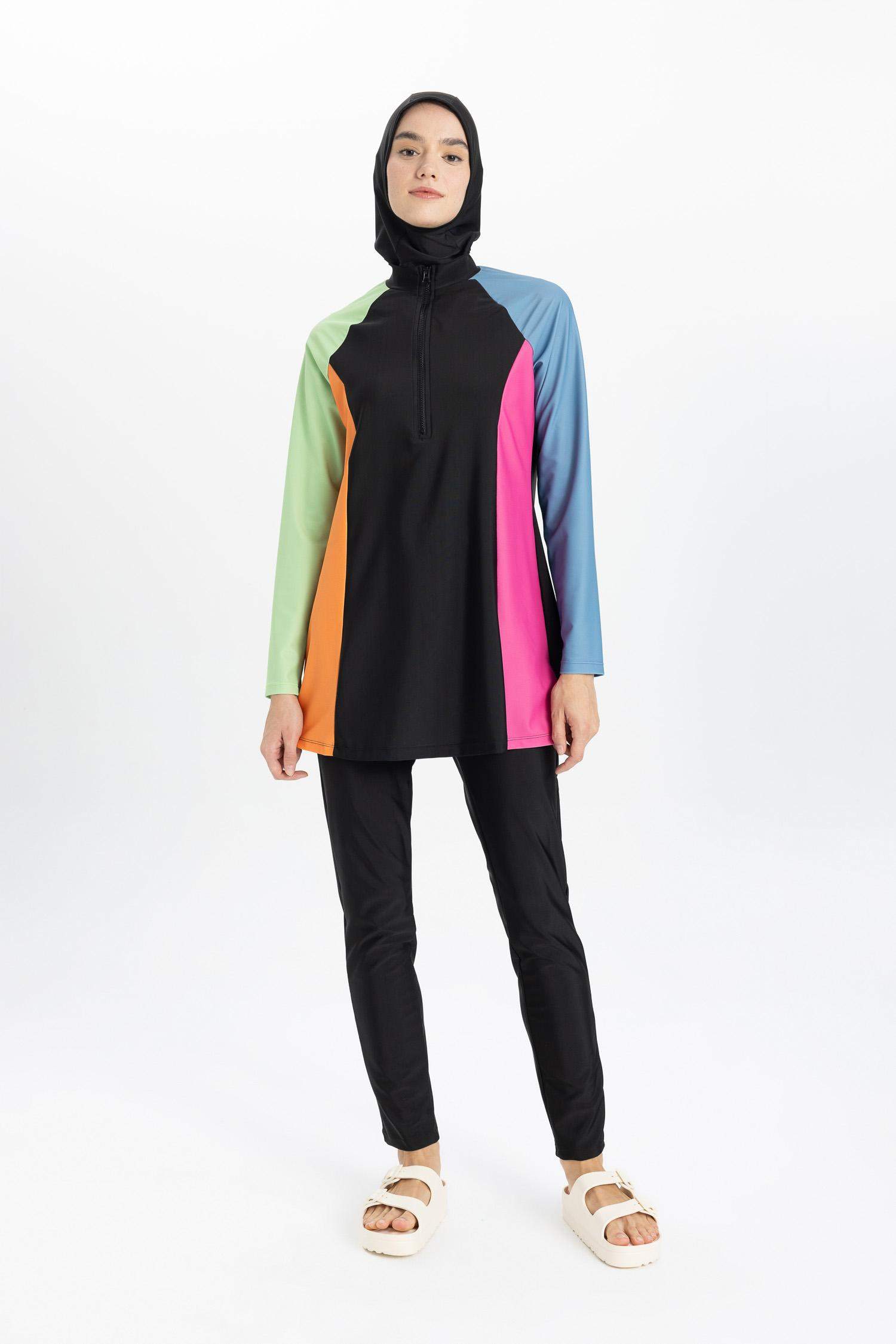 Regular Fit Renk Bloklu 4'lü Basic Düz Burkini Tesettür Mayo Takım