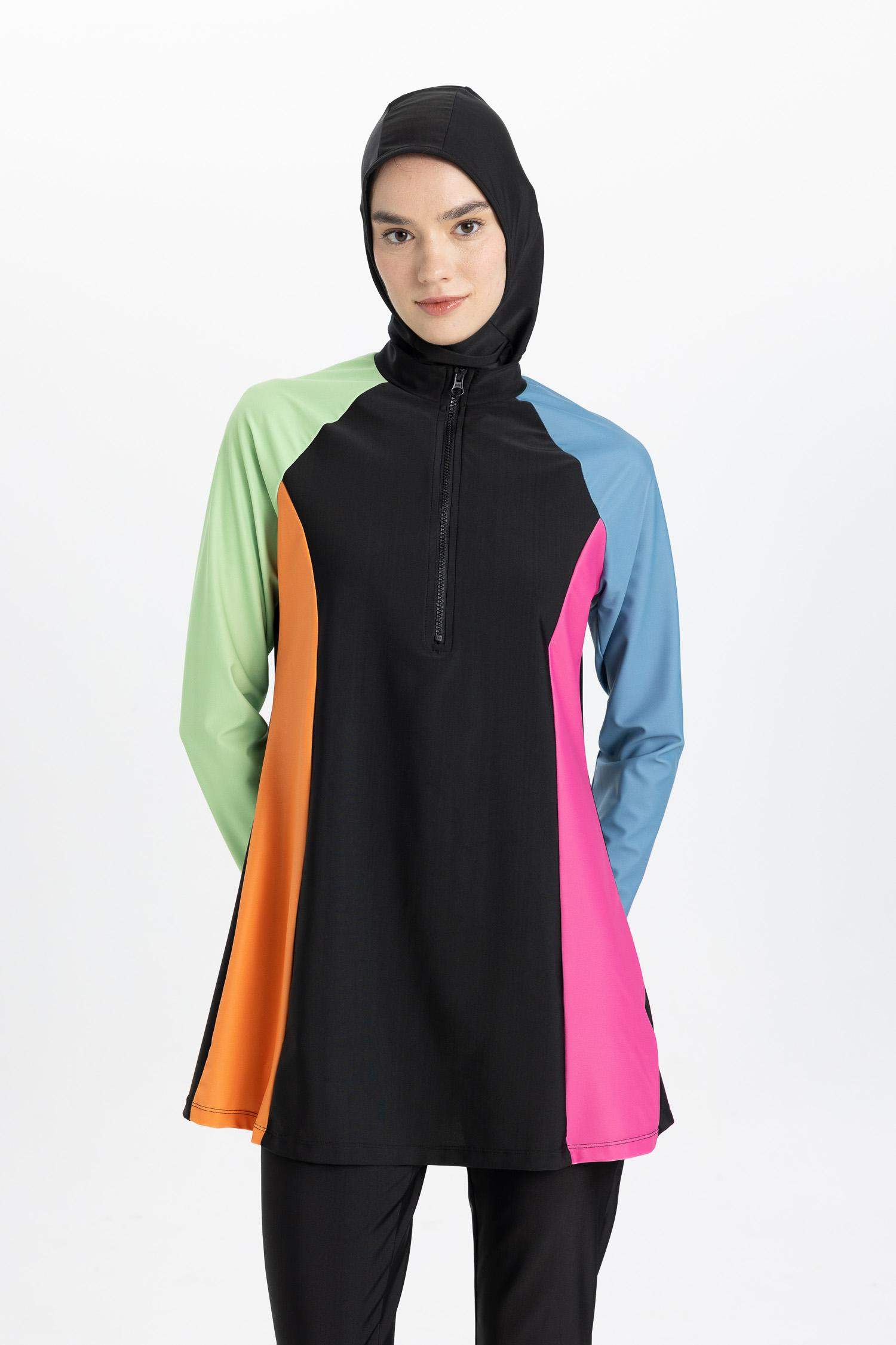 Regular Fit Renk Bloklu 4'lü Basic Düz Burkini Tesettür Mayo Takım