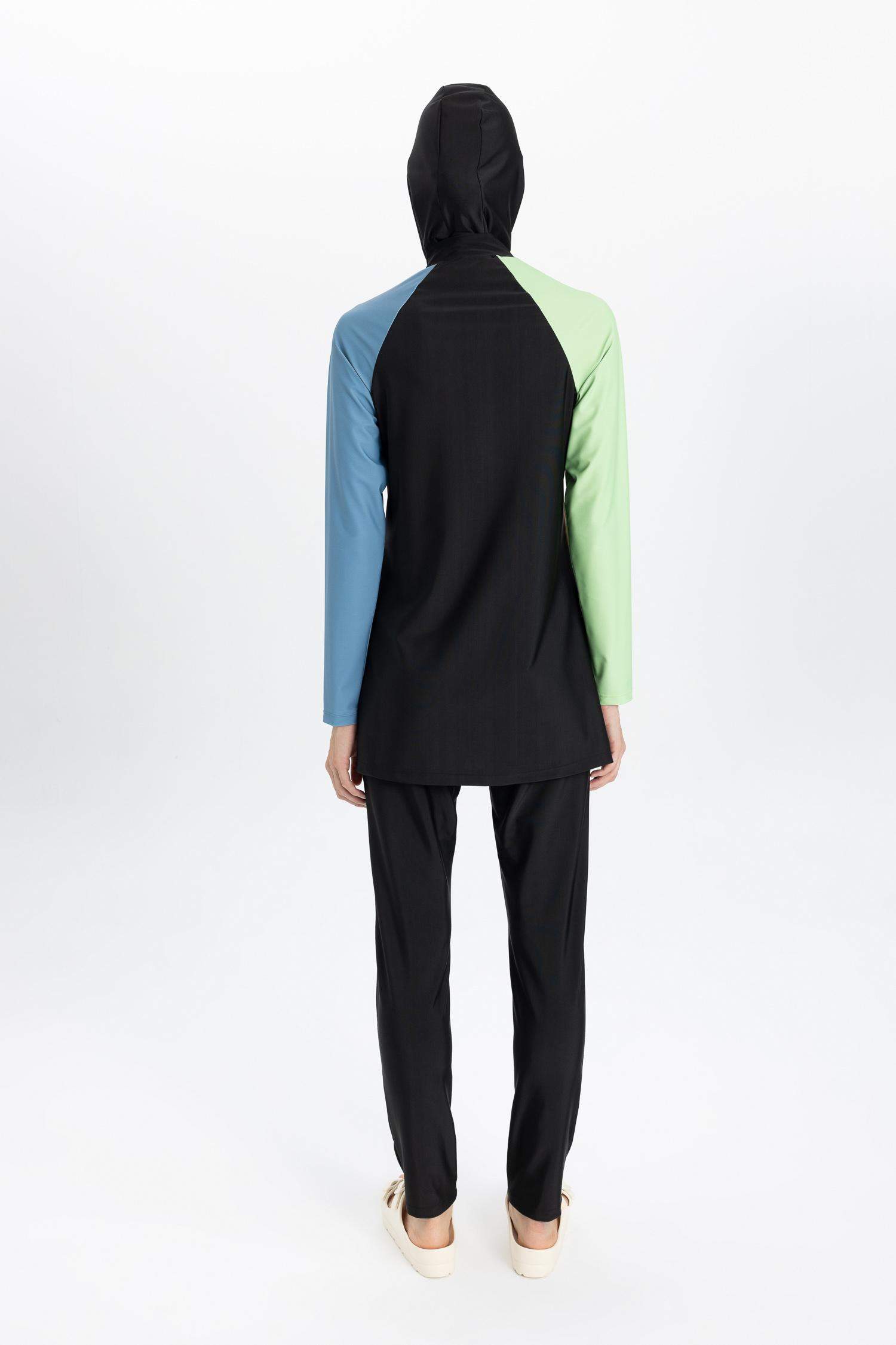 Regular Fit Renk Bloklu 4'lü Basic Düz Burkini Tesettür Mayo Takım