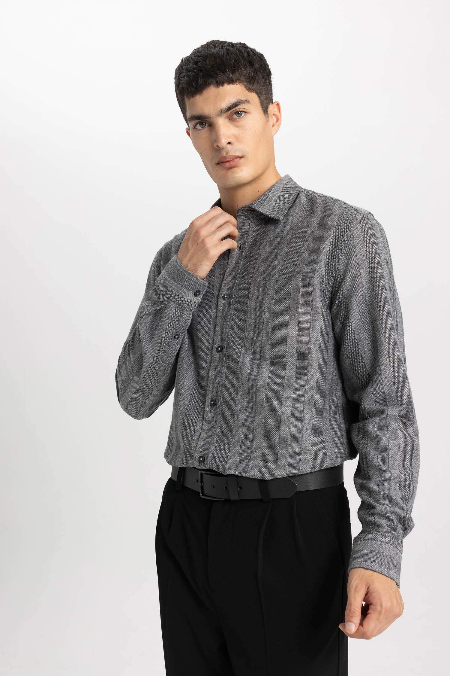 Regular Fit Çizgili Dokulu Uzun Kollu Gömlek