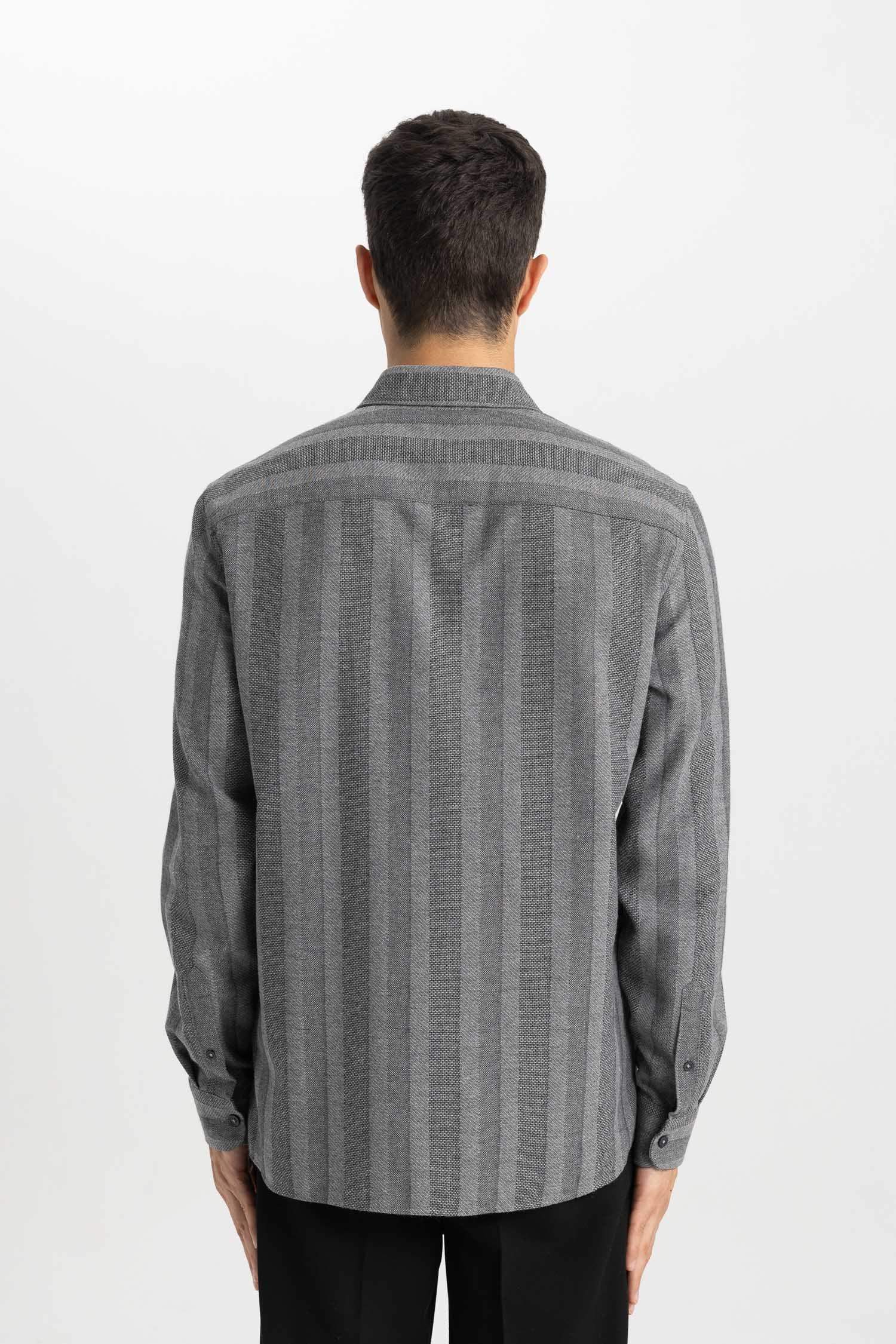 Regular Fit Çizgili Dokulu Uzun Kollu Gömlek