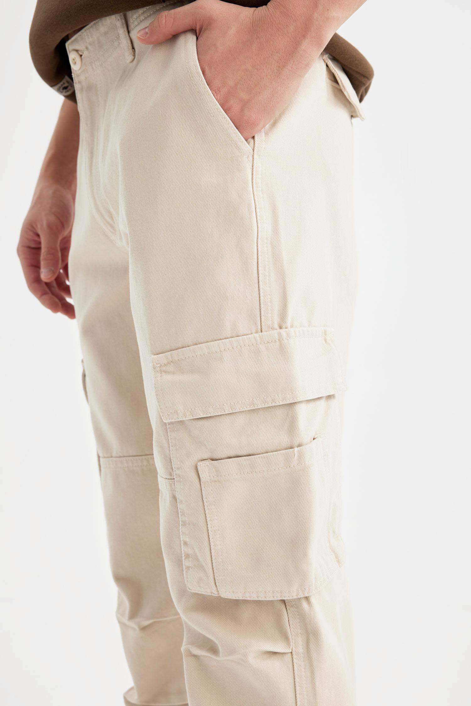 %100 Pamuk Gabardin Pantolon Wide Leg Bol Rahat Kesim Kargo Cepli Düz Paça