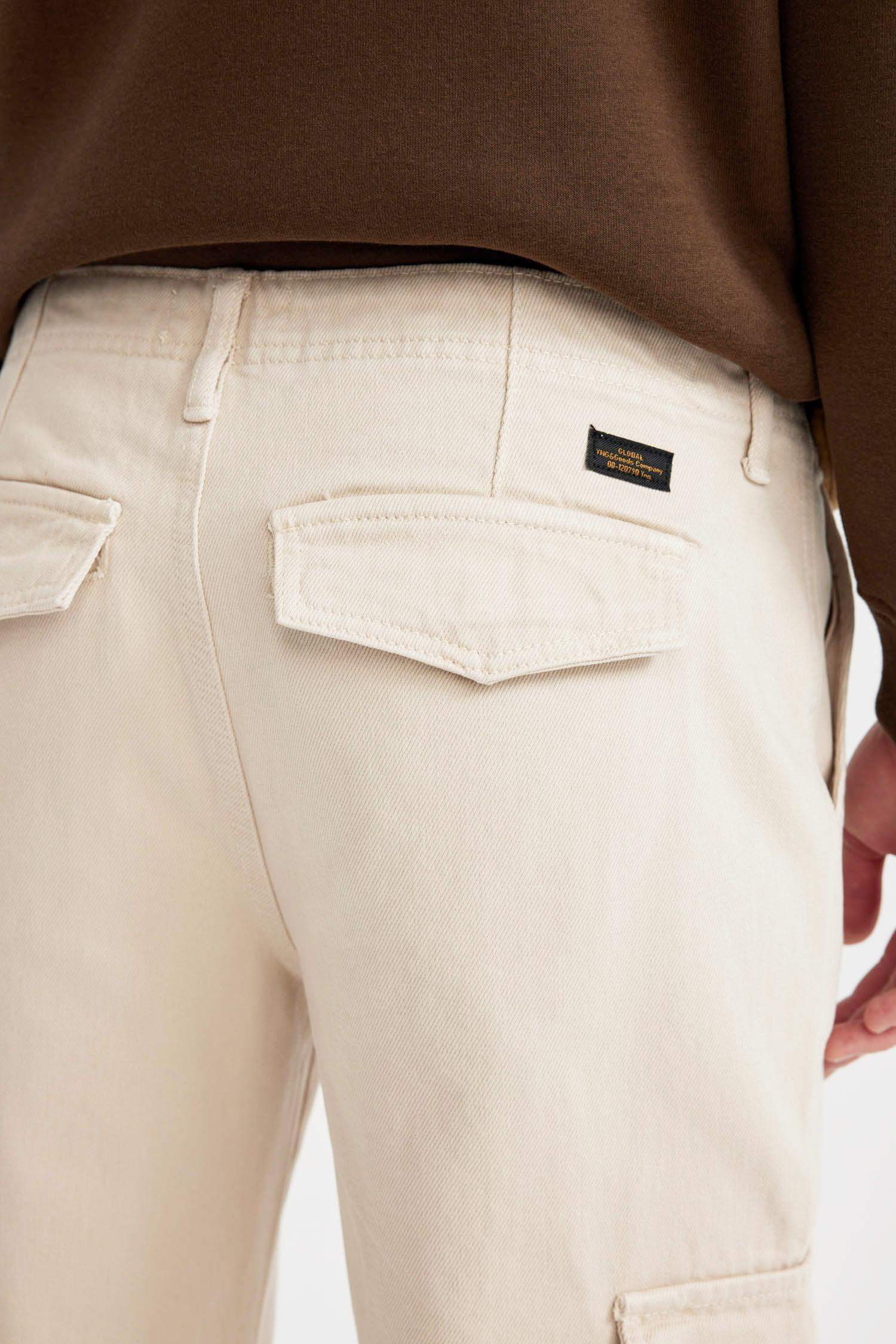 %100 Pamuk Gabardin Pantolon Wide Leg Bol Rahat Kesim Kargo Cepli Düz Paça