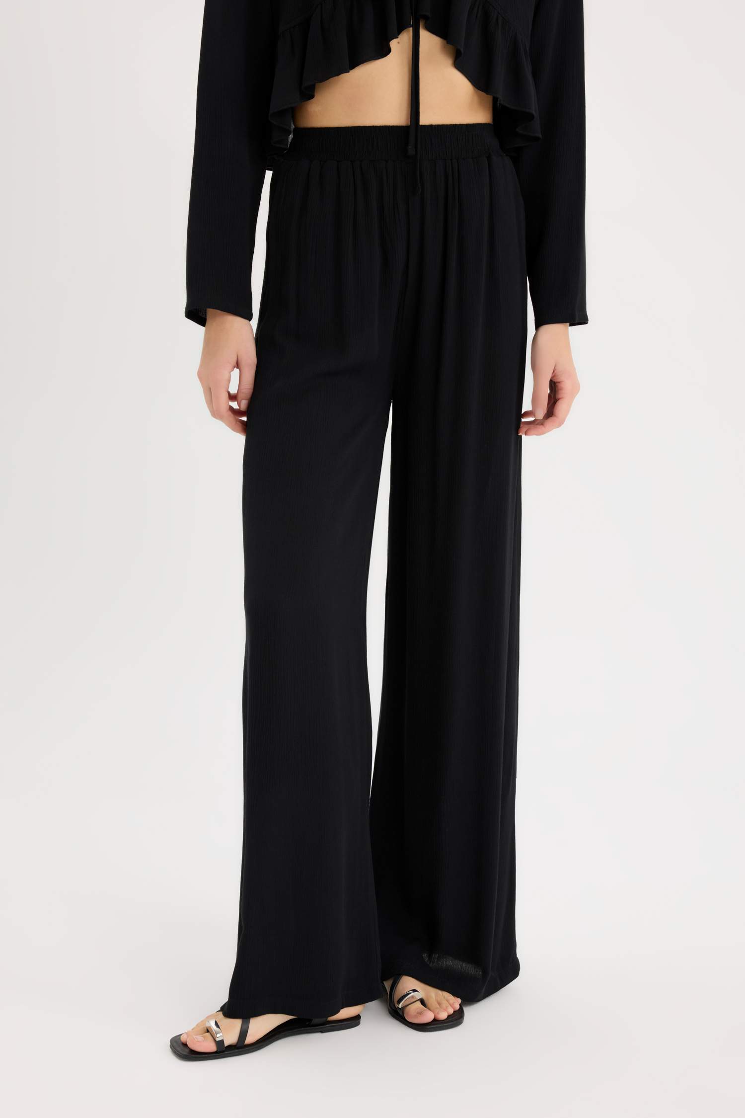 بنطرون فيسكوز وايد ليج بجيب وخصر عالي