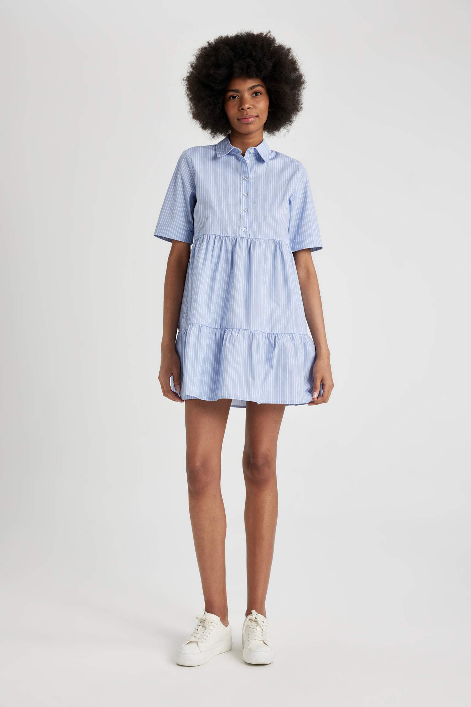 Shirt Collar Striped Poplin Short Sleeve Mini Dress