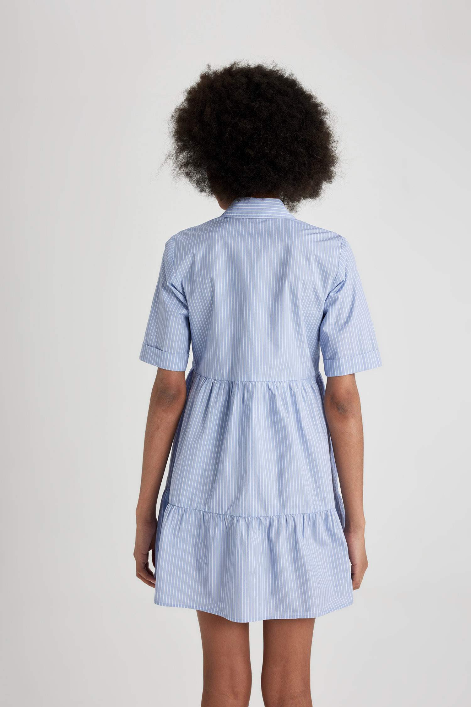 Shirt Collar Striped Poplin Short Sleeve Mini Dress