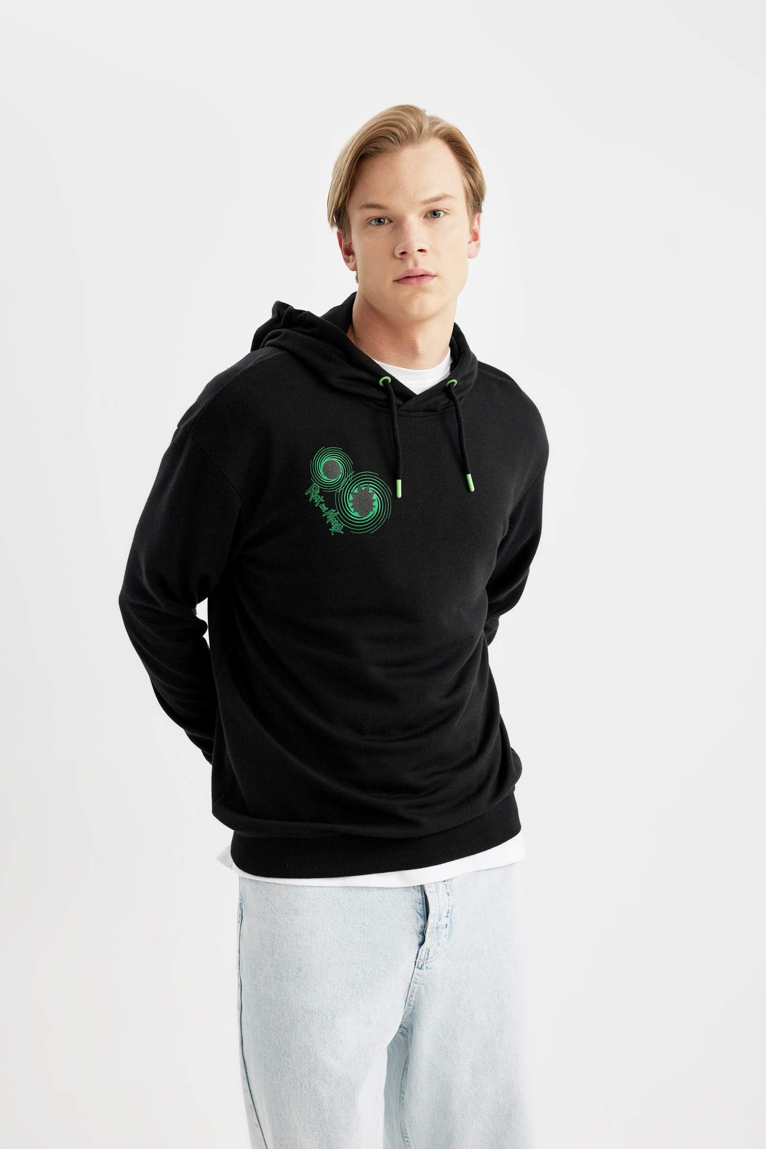 Rick and Morty Boxy Fit Hooded Back Printed Sweatshirt