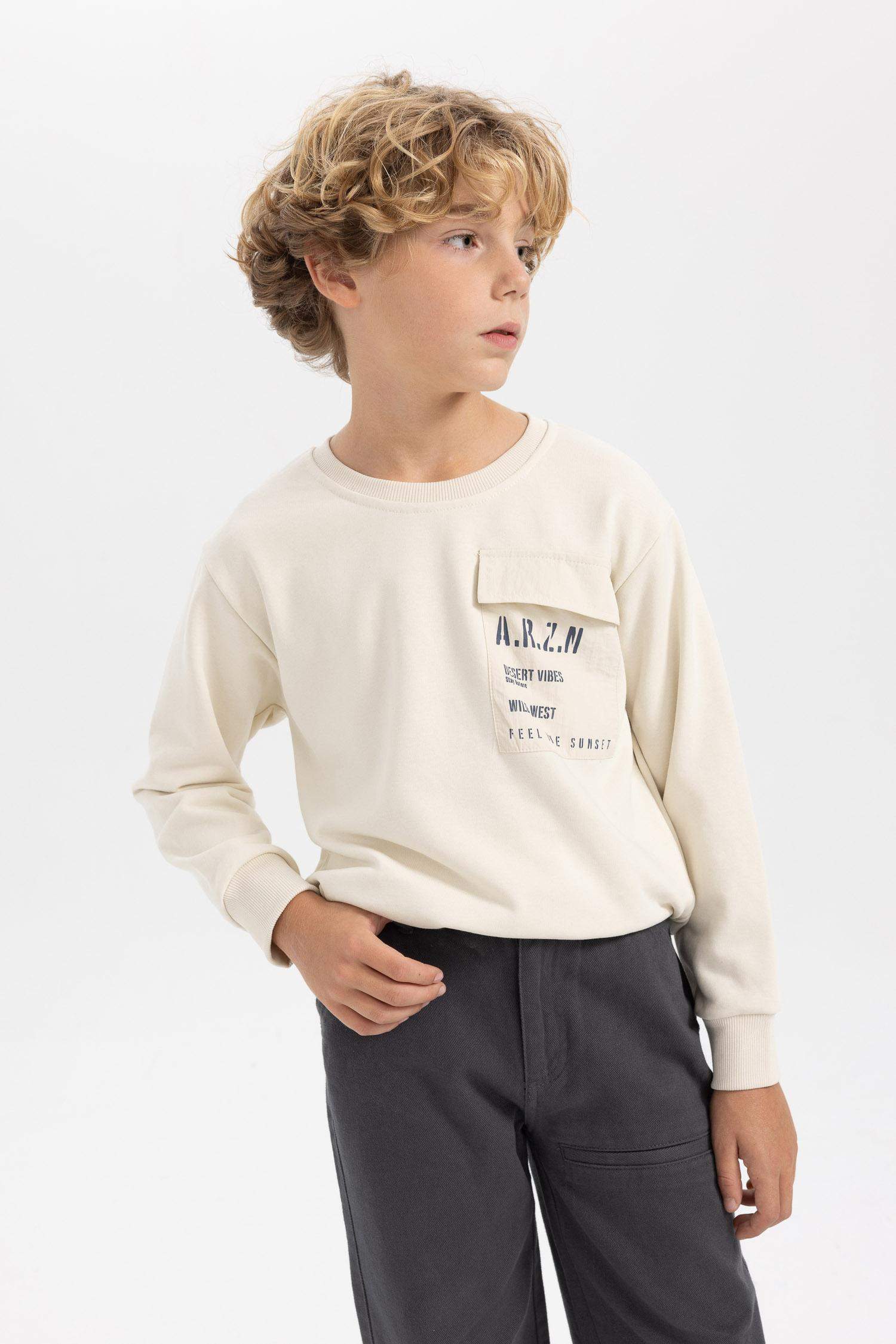 Boy Crew Neck Pocket Printed Sweatshirt