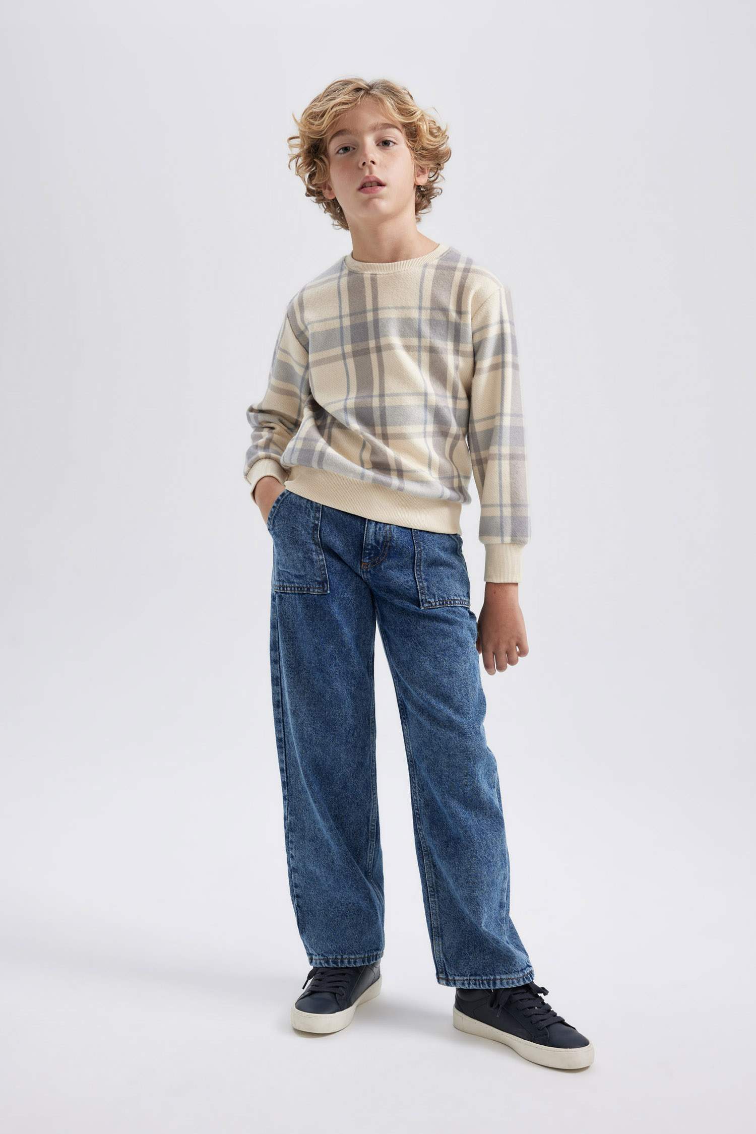 Erkek Çocuk Bisiklet Yaka Desenli Flanel Sweatshirt