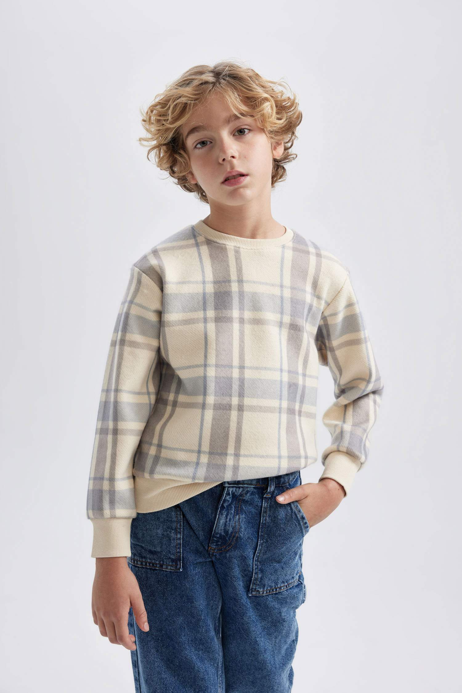 Erkek Çocuk Bisiklet Yaka Desenli Flanel Sweatshirt