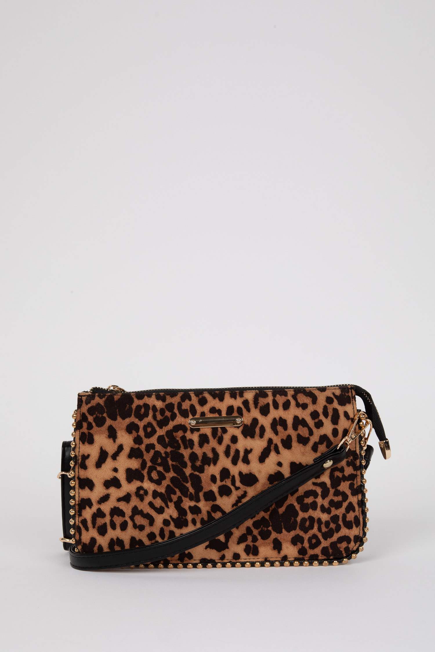 Woman Jean Look Staple Detailed Leopard Handbag