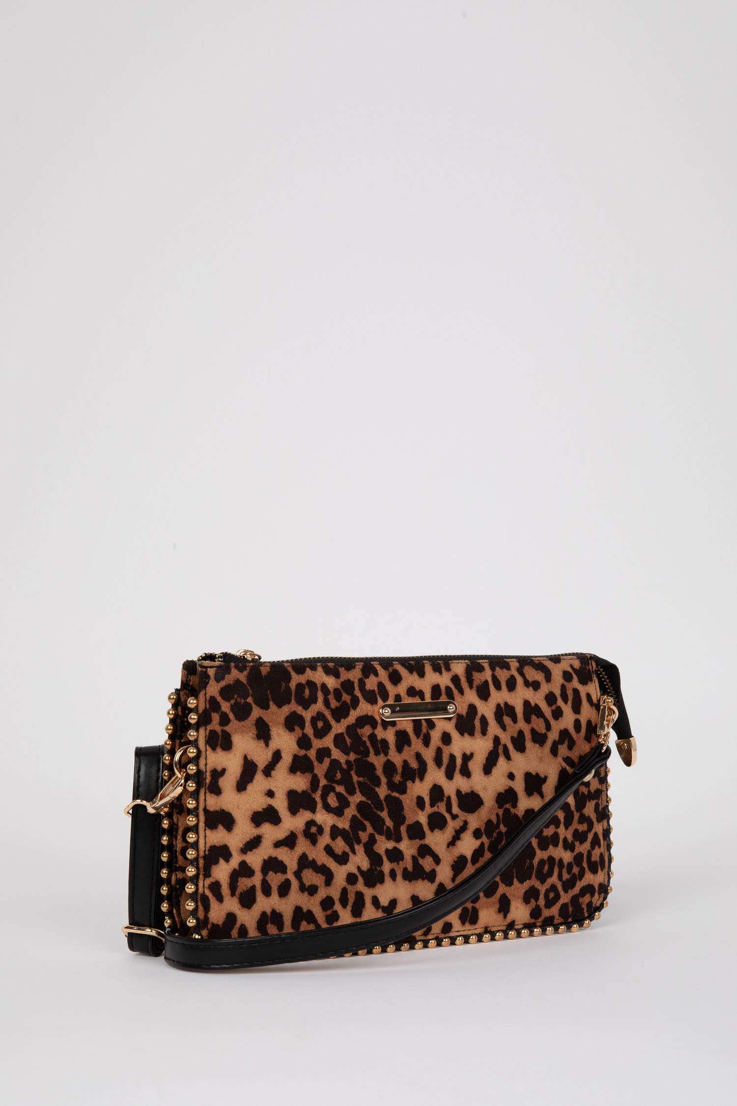 Woman Jean Look Staple Detailed Leopard Handbag