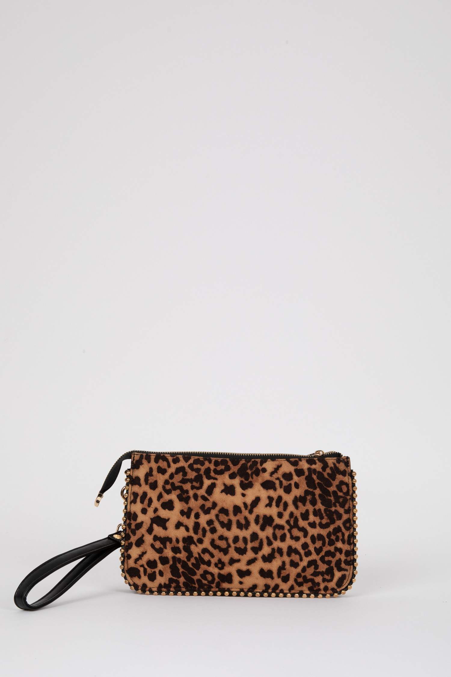 Woman Jean Look Staple Detailed Leopard Handbag