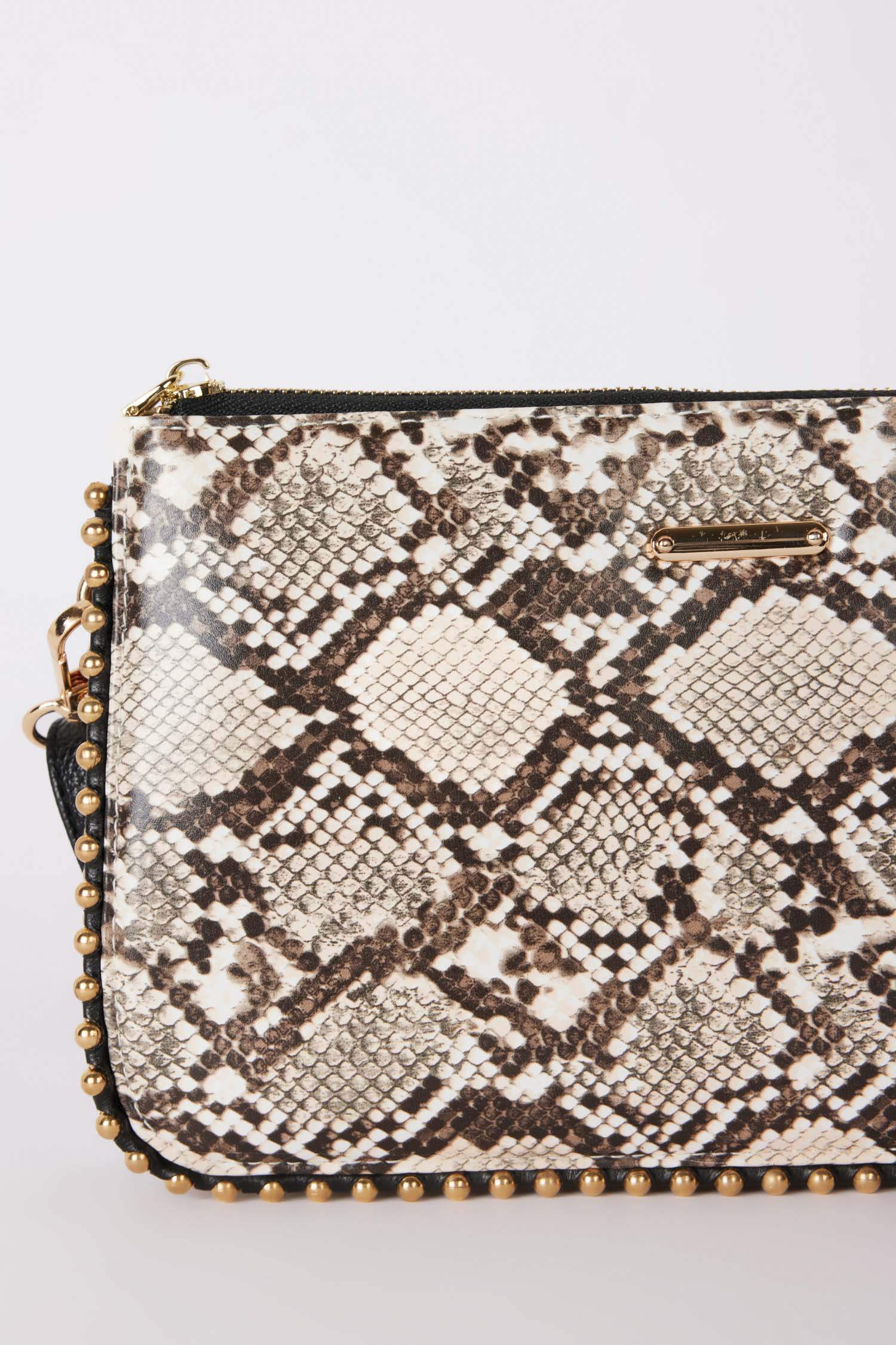 Woman Jean Look Staple Detailed Snakeskin Patterned Handbag