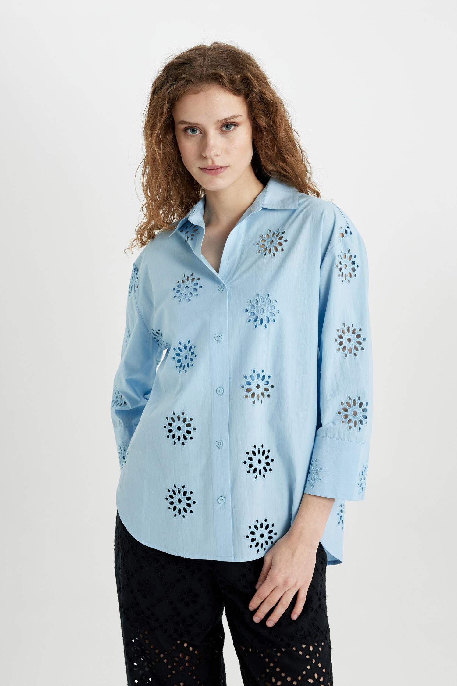 Oversize Fit Shirt Collar Embroidery Shirt