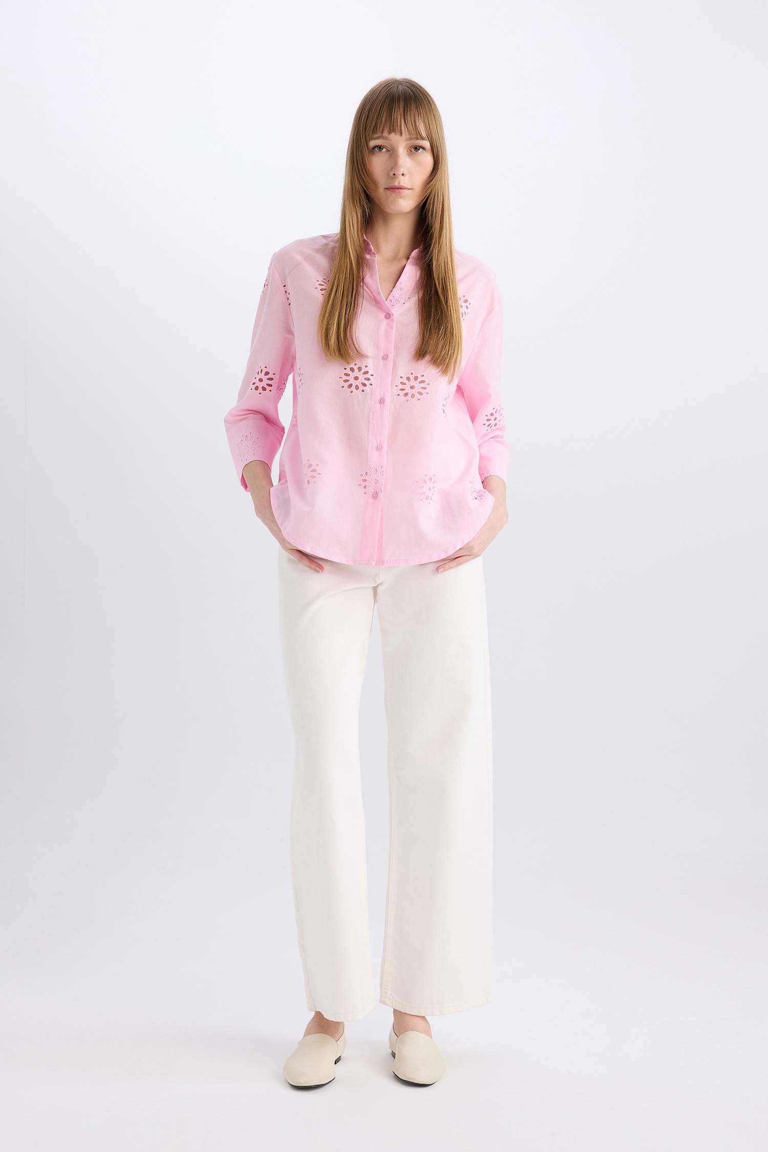 قميص كم طويل تطريز اوفر سايز بياقة قميص