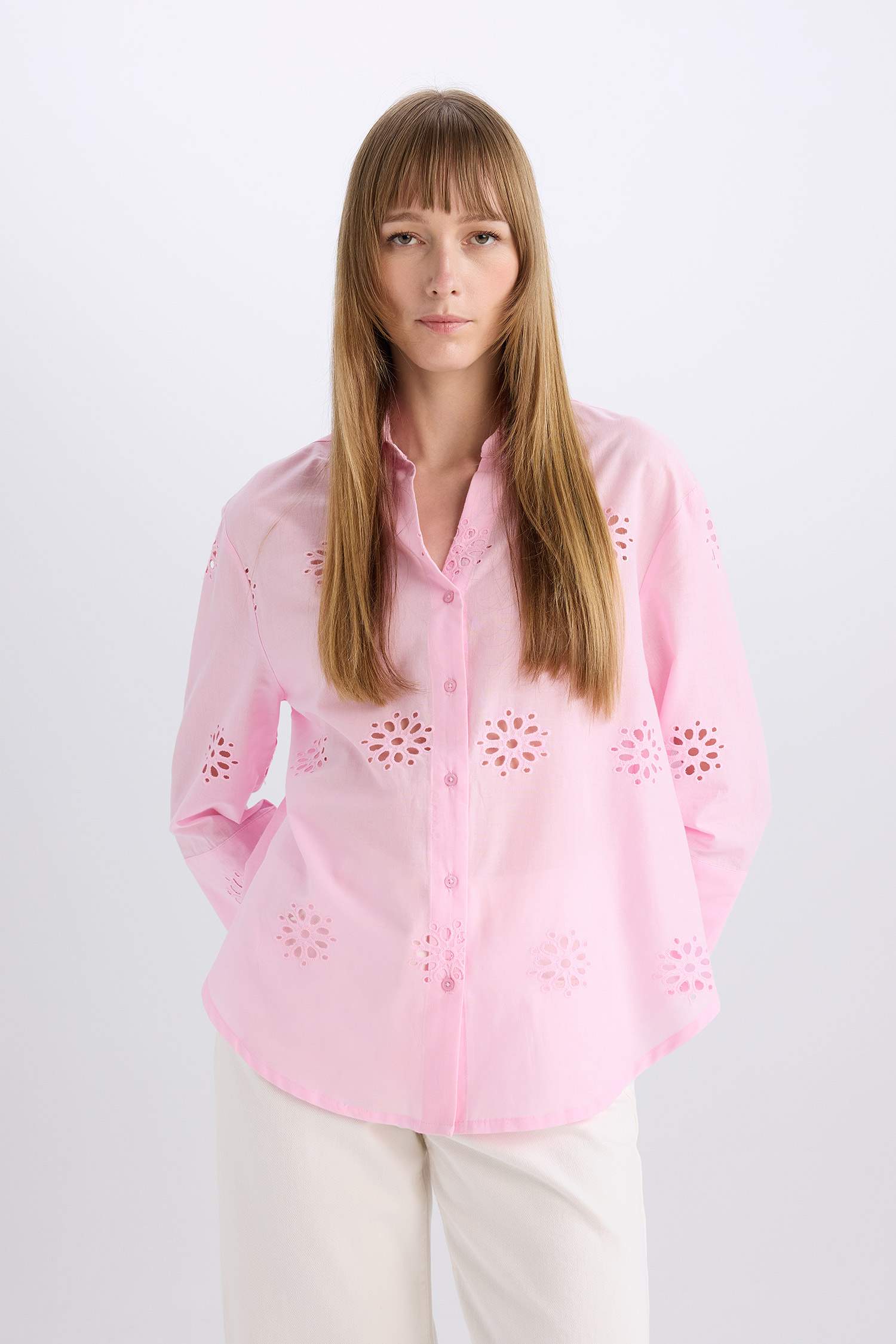 قميص كم طويل تطريز اوفر سايز بياقة قميص