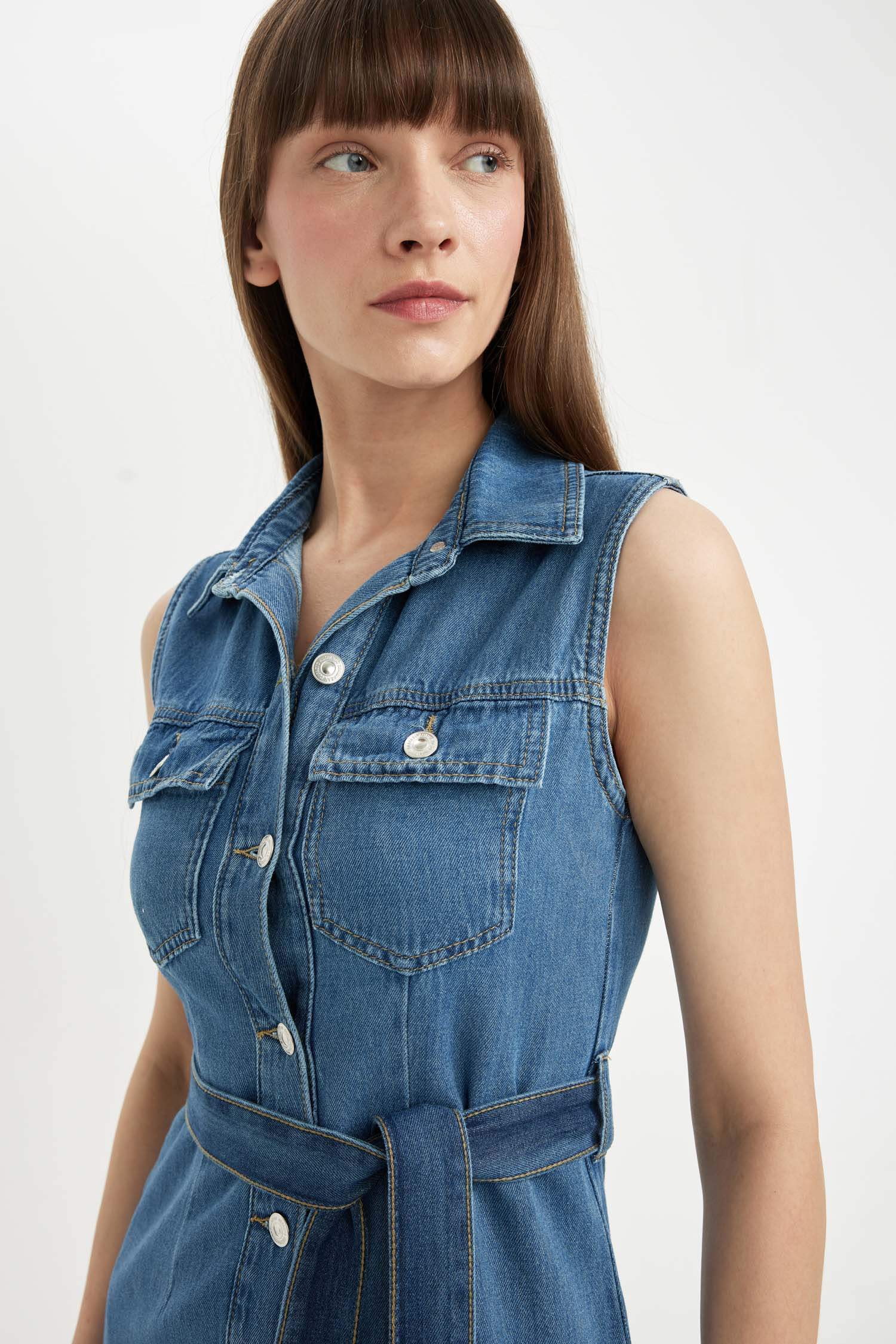 Shirt Collar Sleeveless Belted Denim Midi Dress