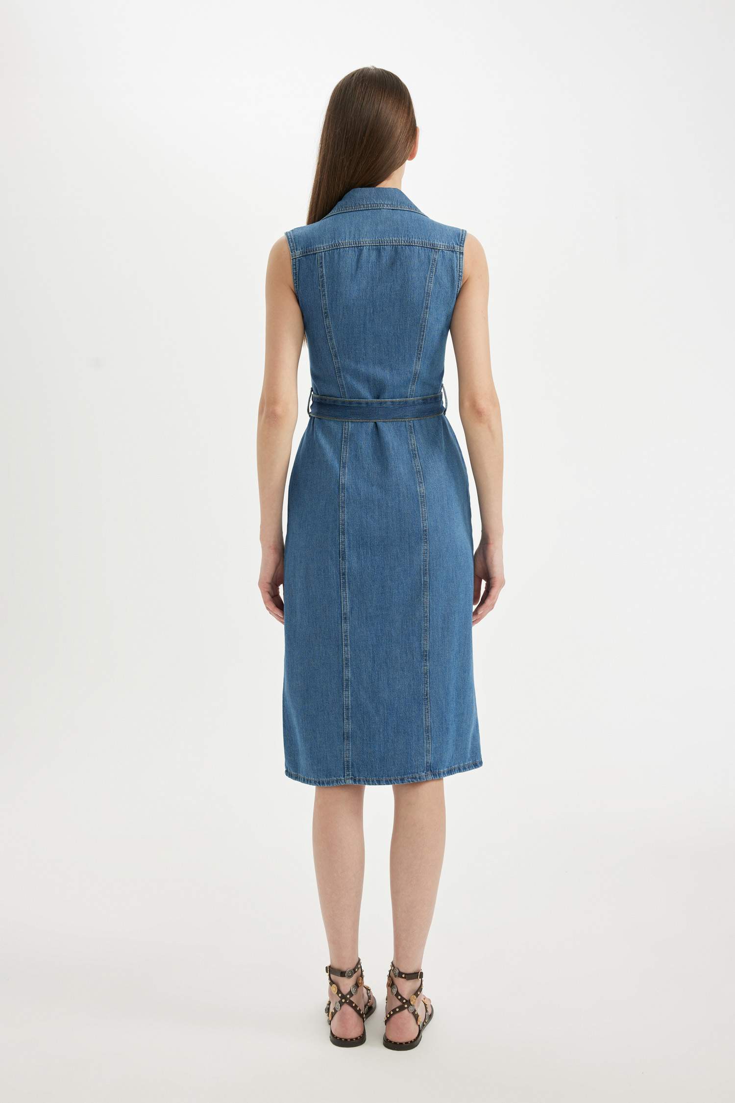 Shirt Collar Sleeveless Belted Denim Midi Dress