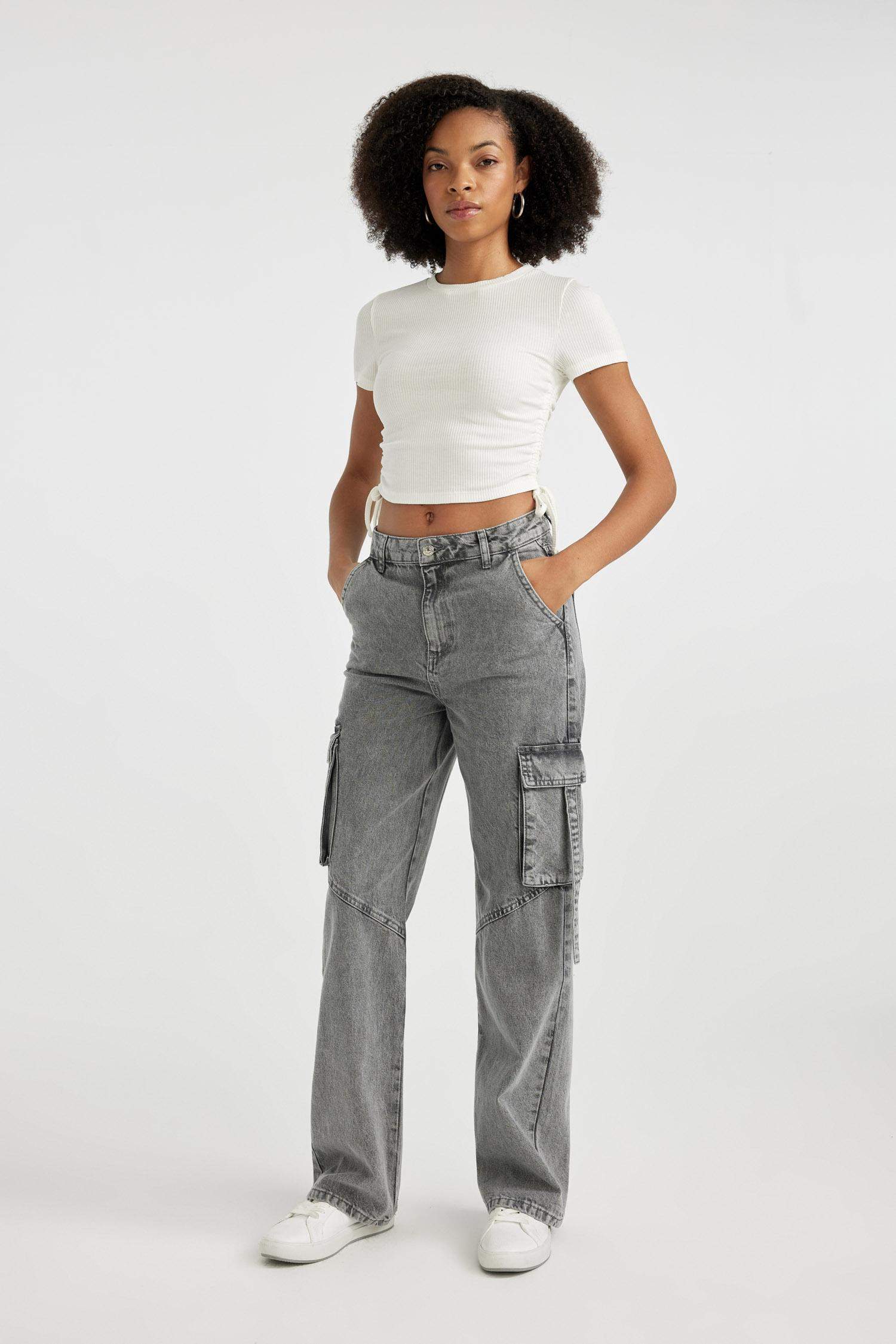 بنطرون جينز وايد ليج برجل واسع وخصر عالي