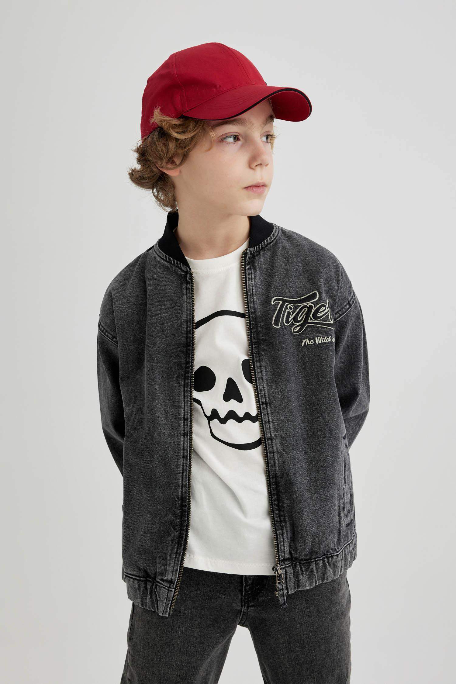 Erkek Çocuk Kolej Yaka Fermuarlı Çift Cepli Mevsimlik Hafif Jean Bomber Ceket