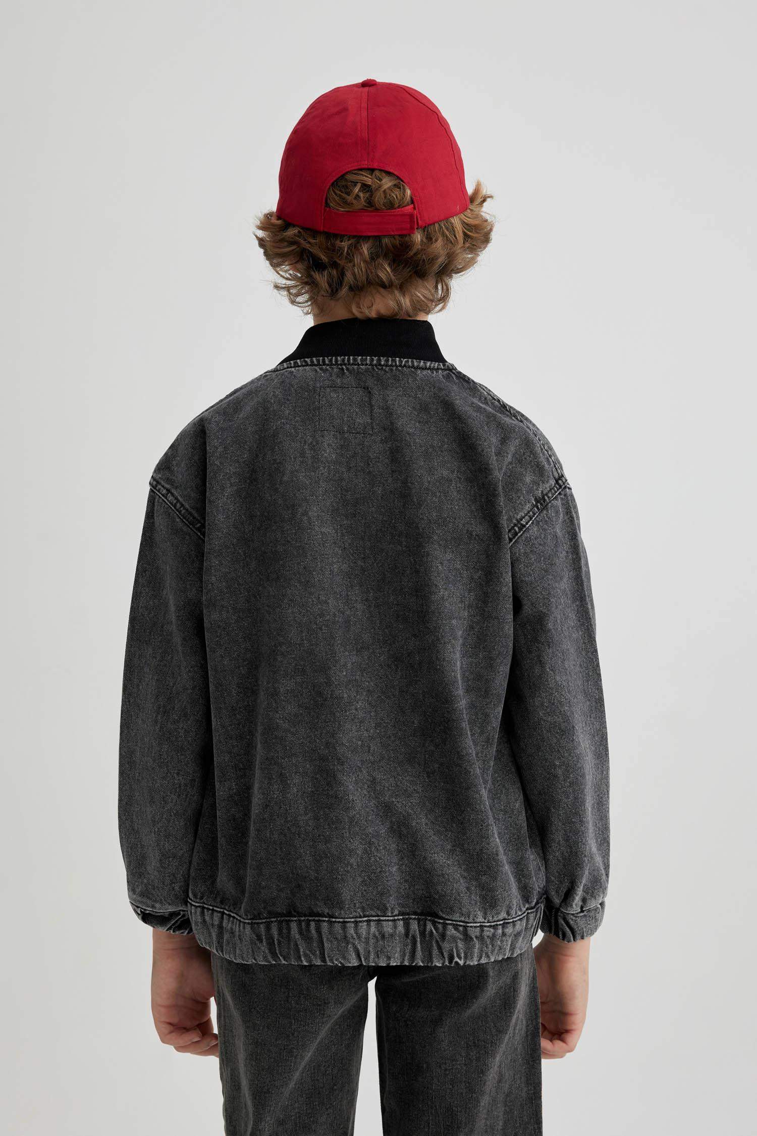 Erkek Çocuk Kolej Yaka Fermuarlı Çift Cepli Mevsimlik Hafif Jean Bomber Ceket