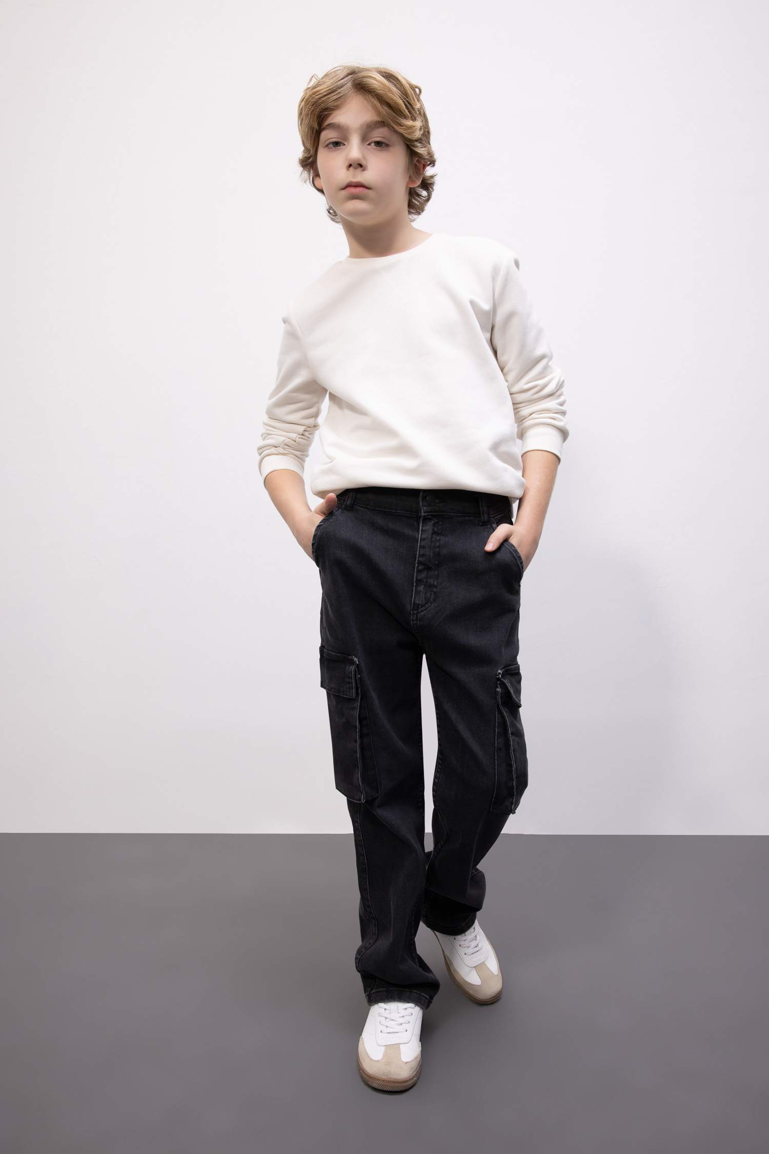 Erkek Çocuk Kargo Fit Düz Paça Jean Pantolon