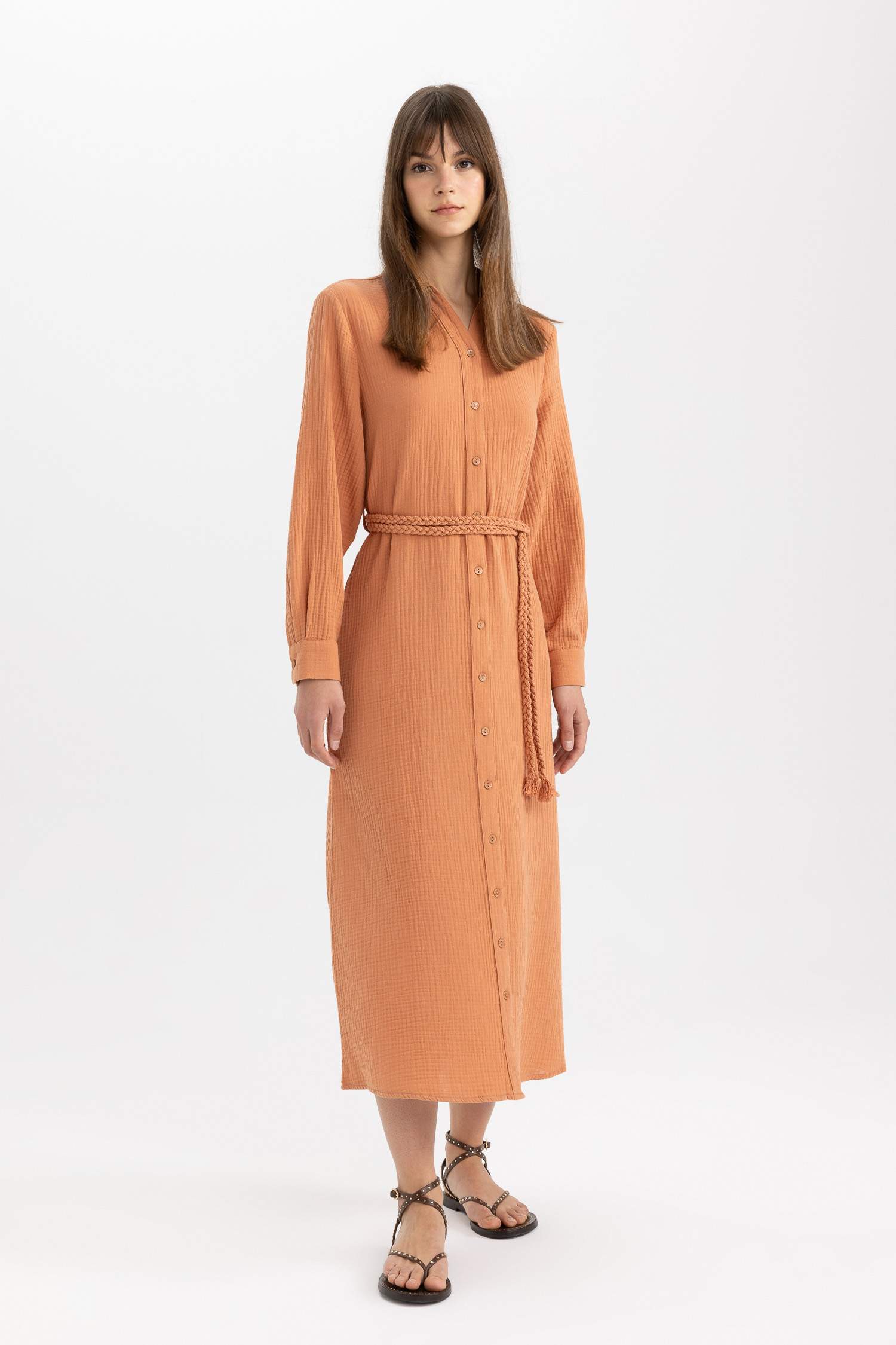 Regular Fit Shirt Collar Muslin Dress