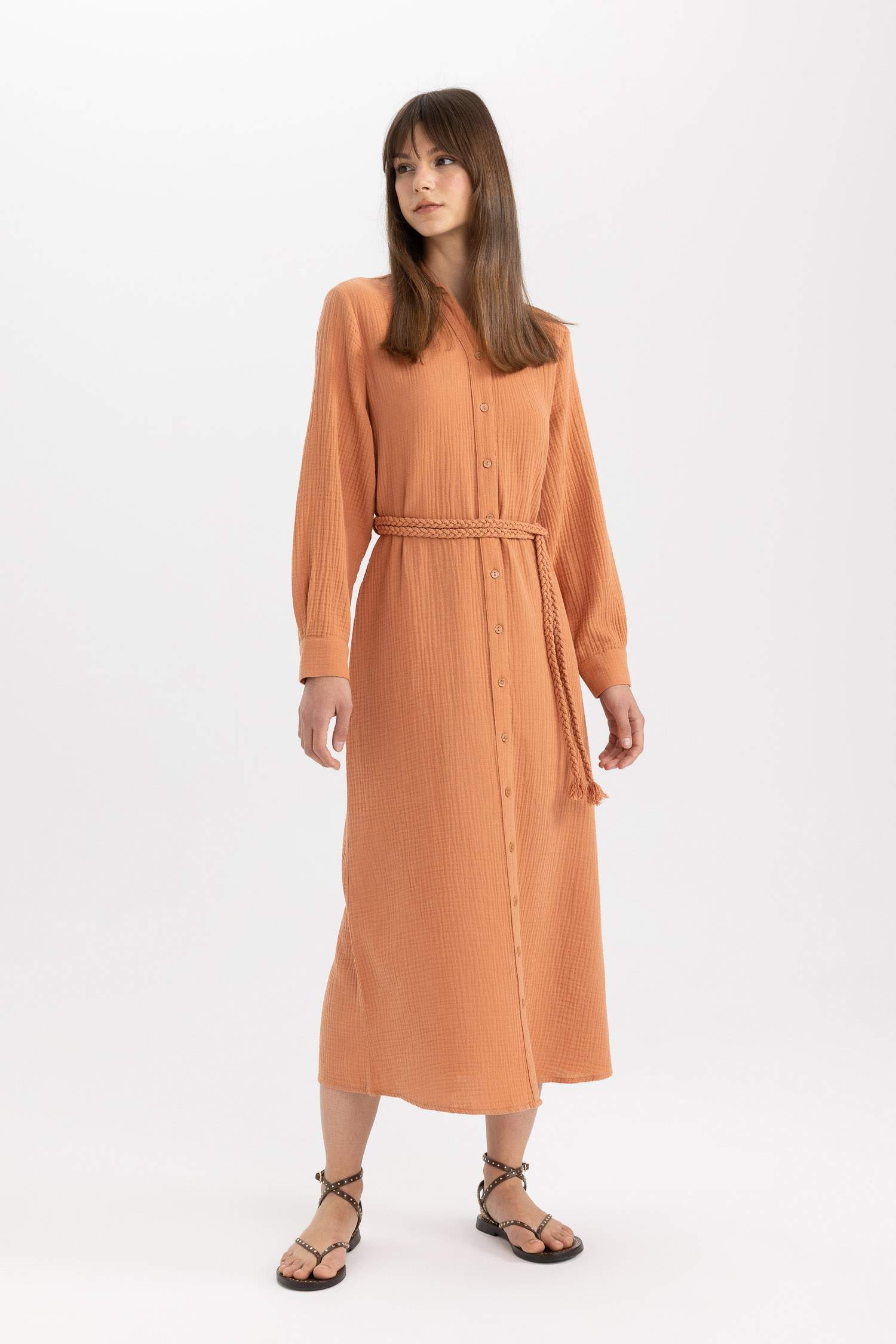 Regular Fit Shirt Collar Muslin Dress