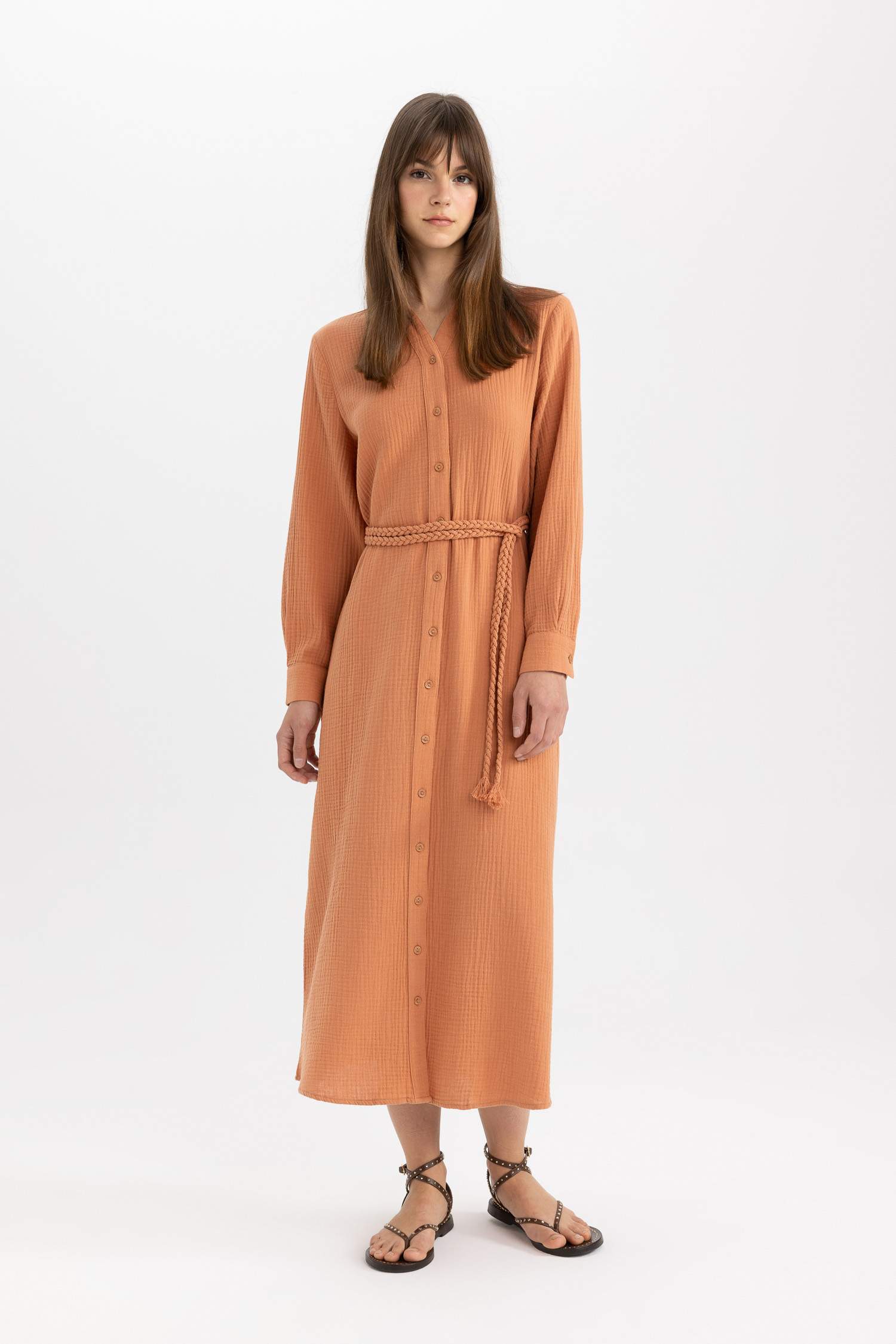 Regular Fit Shirt Collar Muslin Dress