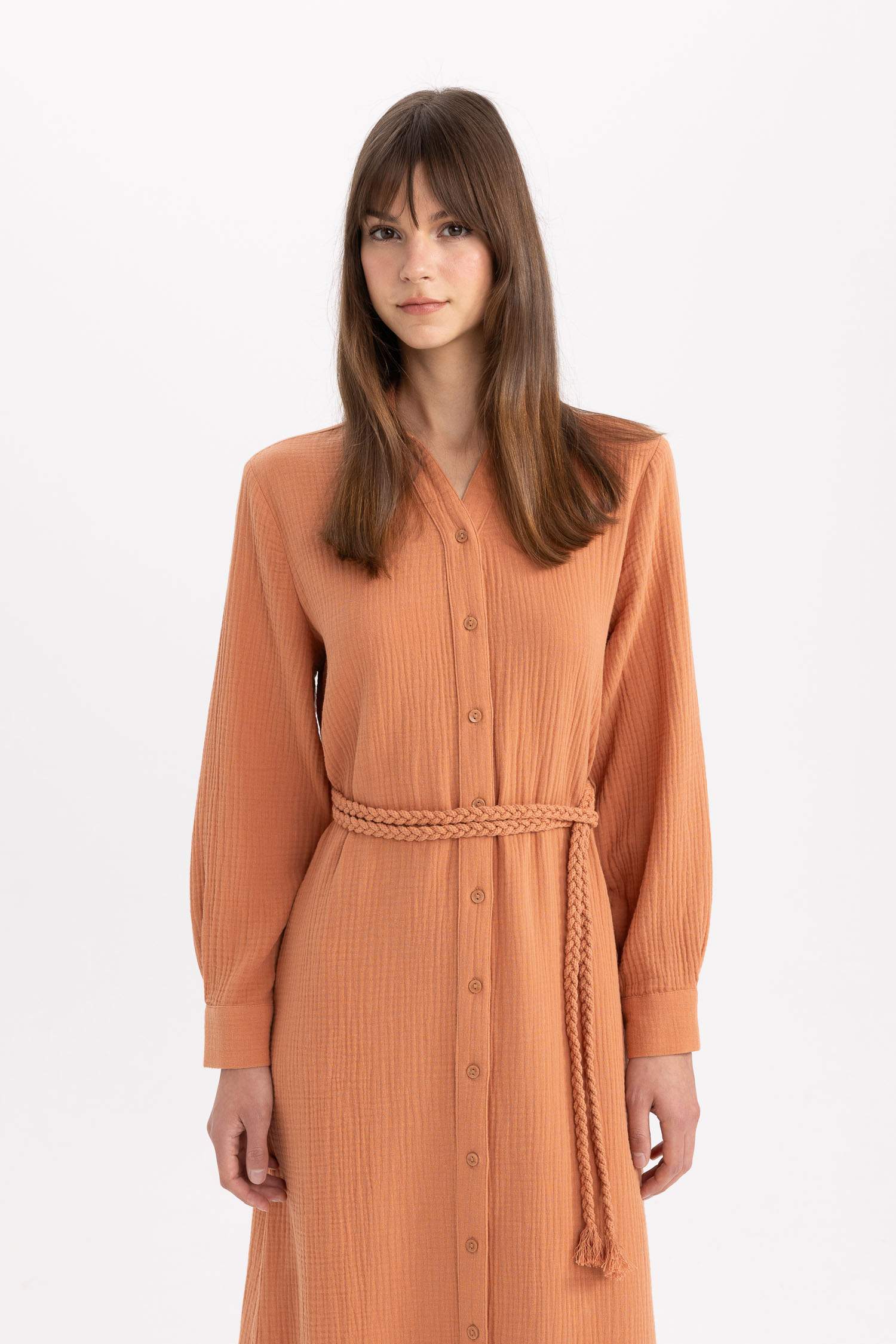 Regular Fit Shirt Collar Muslin Dress